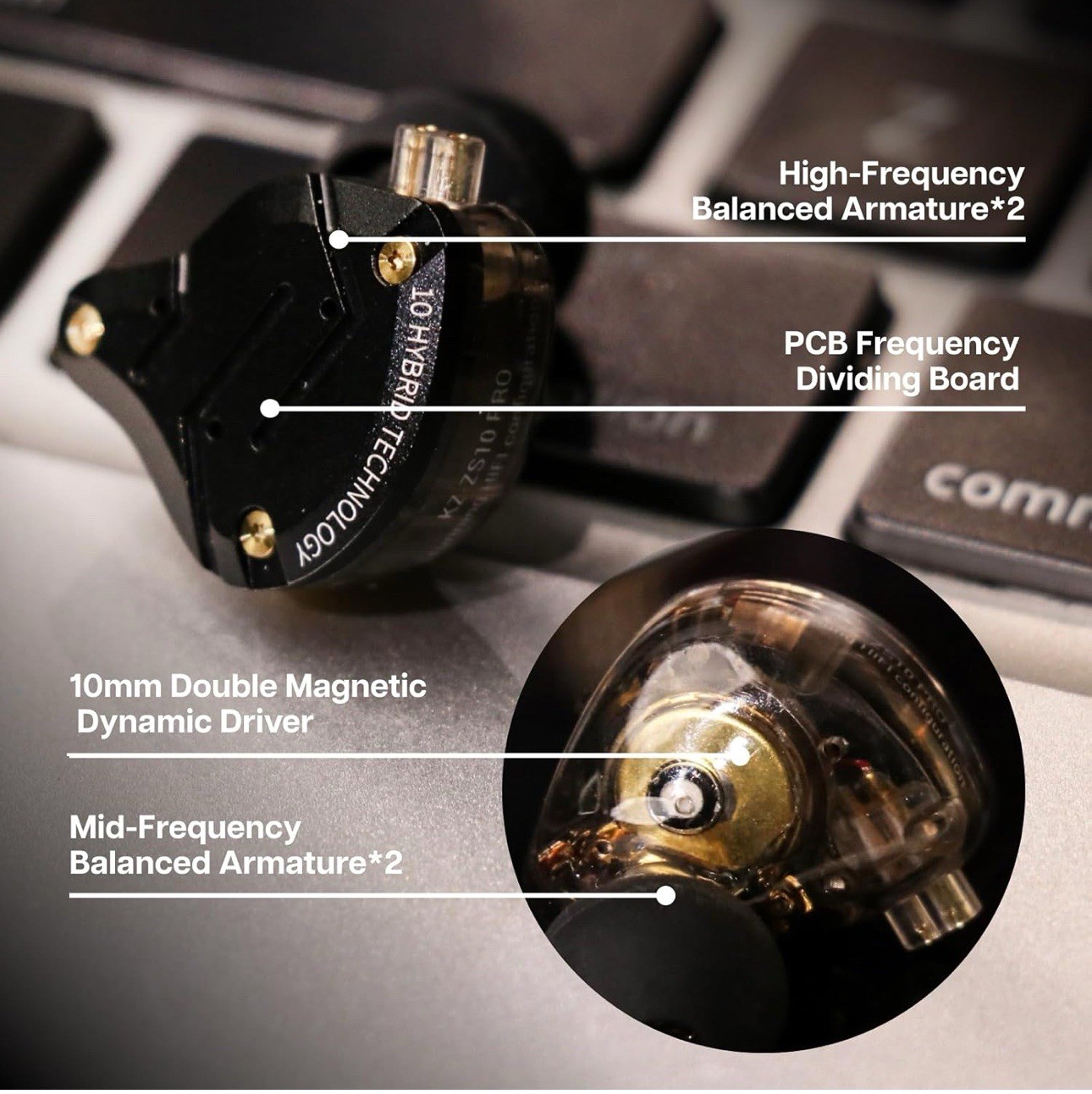 Linsoul KZ ZS10 Pro, 4BA+1DD 5 Driver in Ear Monitor, HiFi With Mic, Black