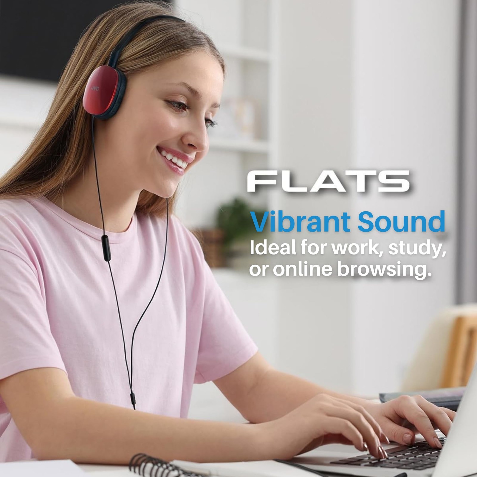 JVC Flats On-Ear Wired Headphones – Flat Foldable Design – 30mm One Size, Red
