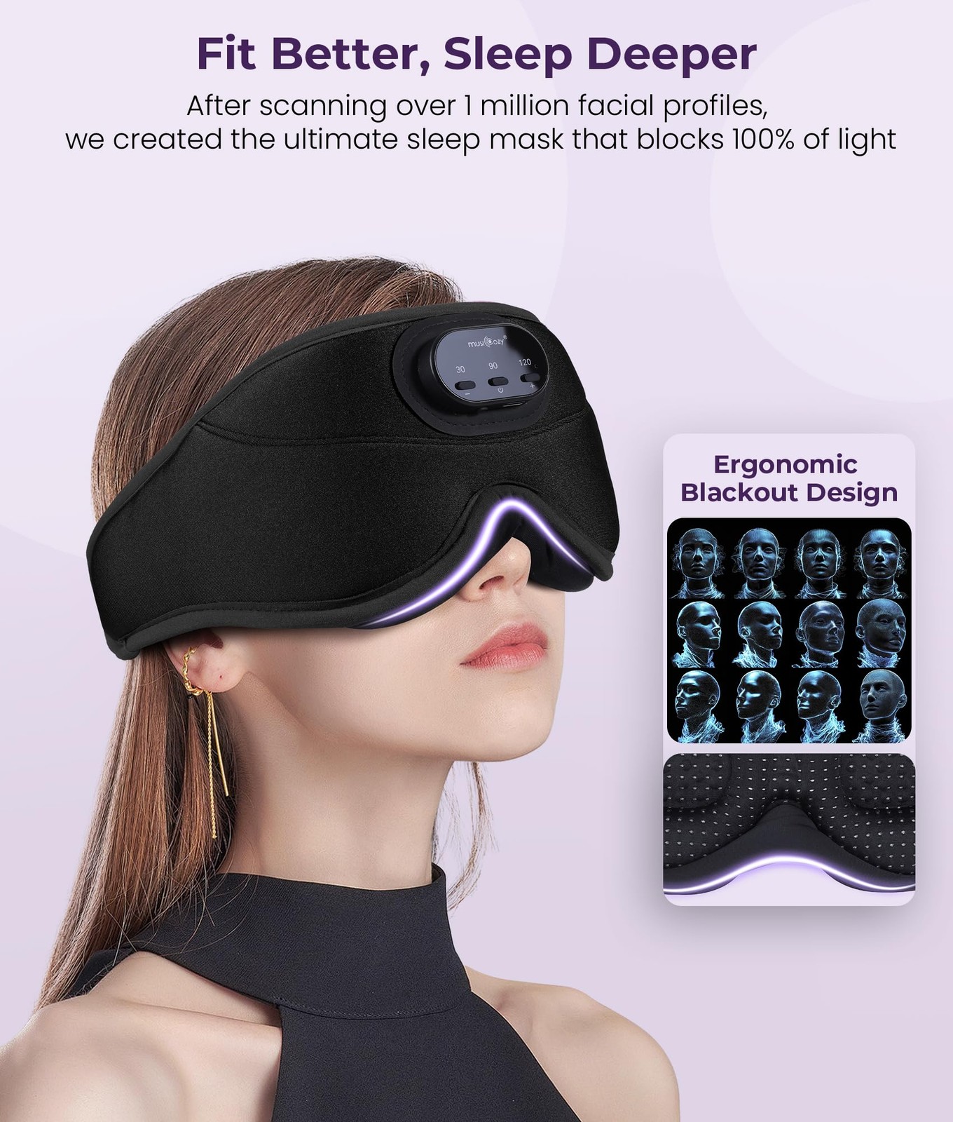 MUSICOZY 3D Bluetooth Sleep Mask with 1 Count (Pack of 1), Light Black