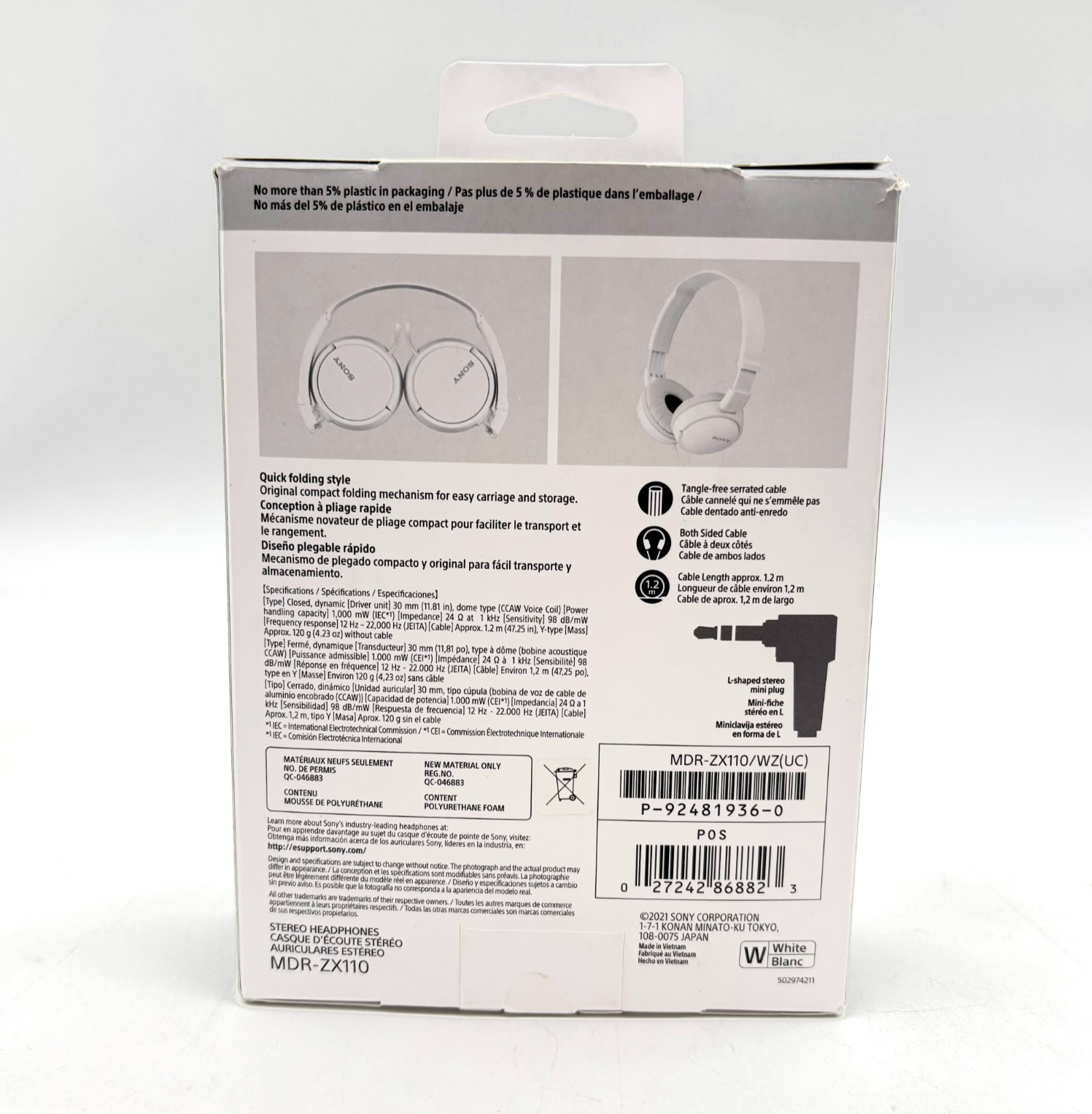 Sony Wired On The Ear Stereo Headphones Model MDR-ZX110 – White