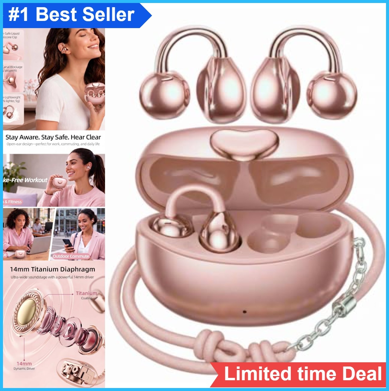 Clip-On Earbuds Open Ear Bluetooth 6.0 Wireless 14mm IPX7 Waterproof 6H