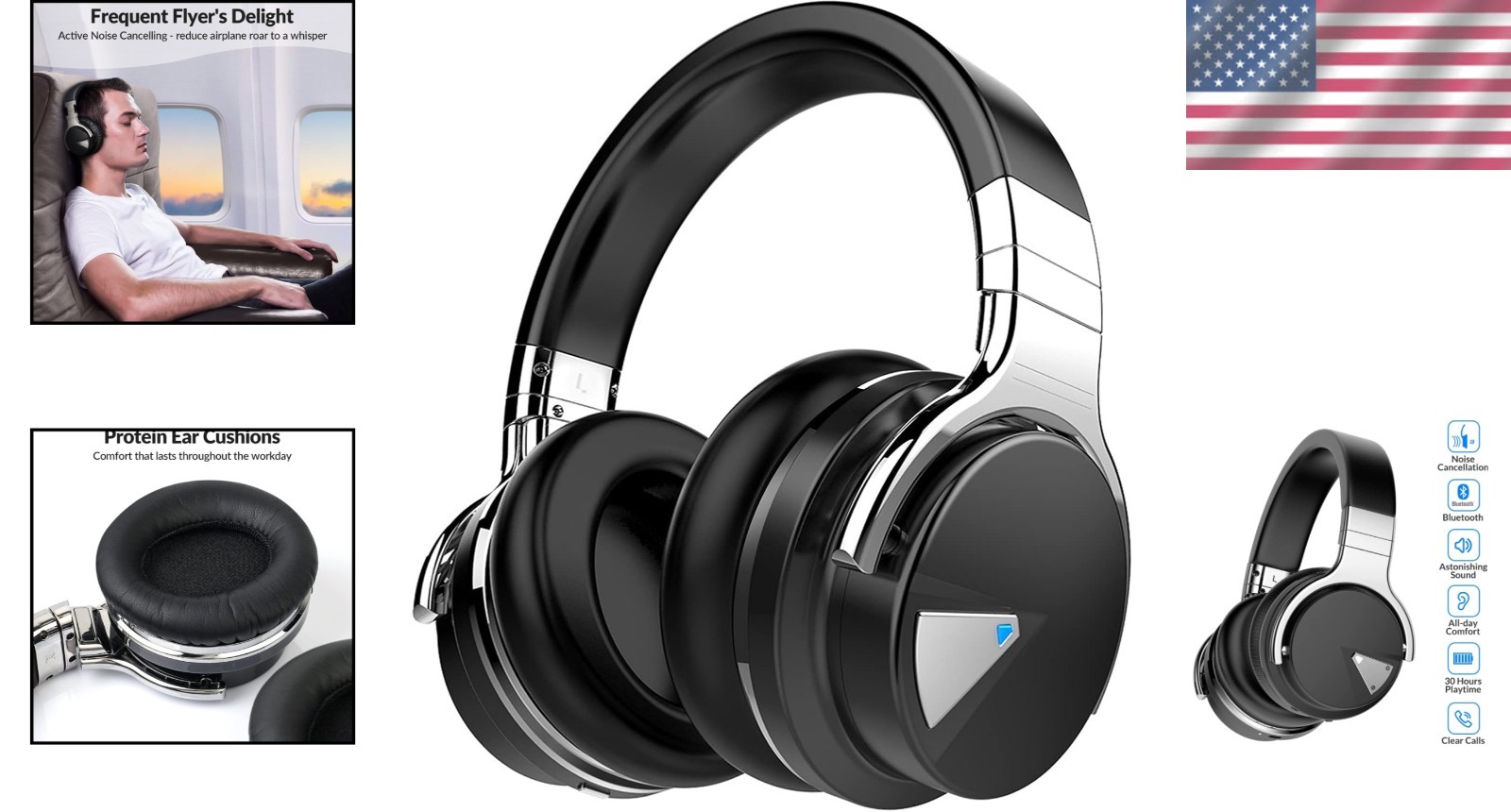Wireless E7 Headphones with Deep Bass & Microphone – 30 Hour Playtime, Black