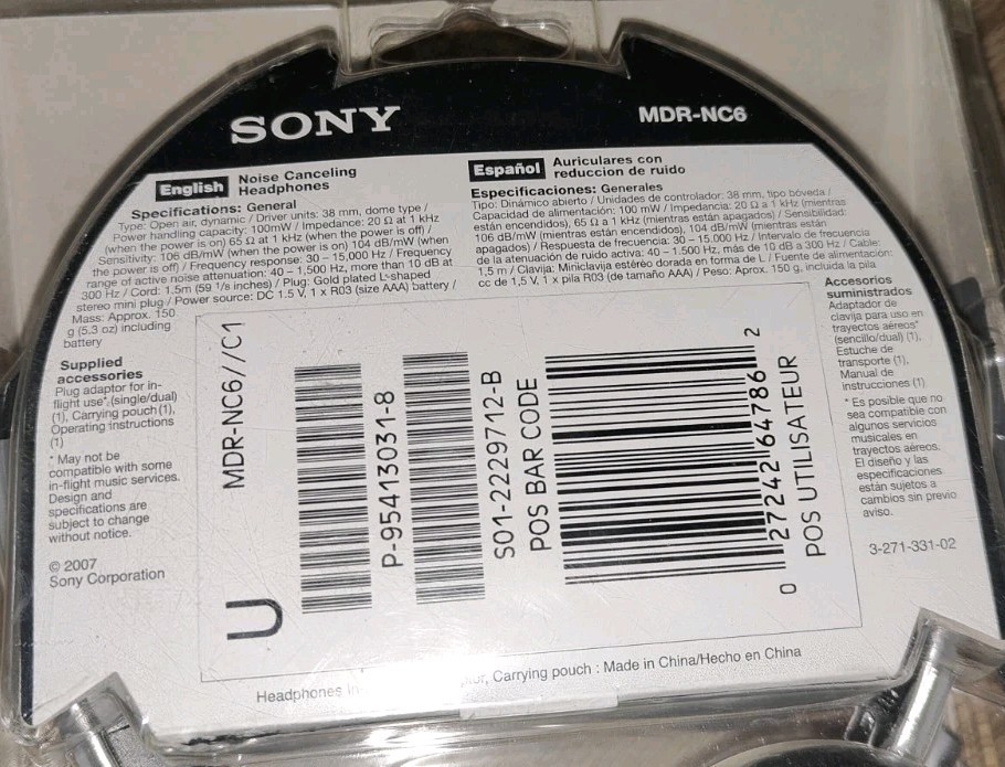 SONY MDR-NC6 NOISE CANCELLING PORTABLE AUDIO HEADPHONES SILVER 2007 NEW SEALED