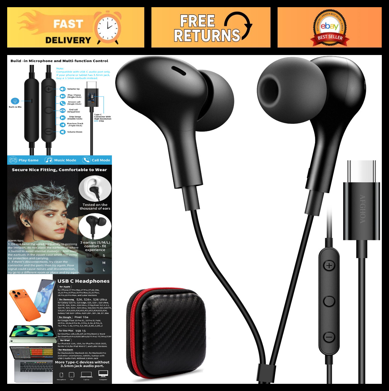 USB C Wired Earbuds with Microphone, Volume Control, Bass Stereo, Noise Cancelin
