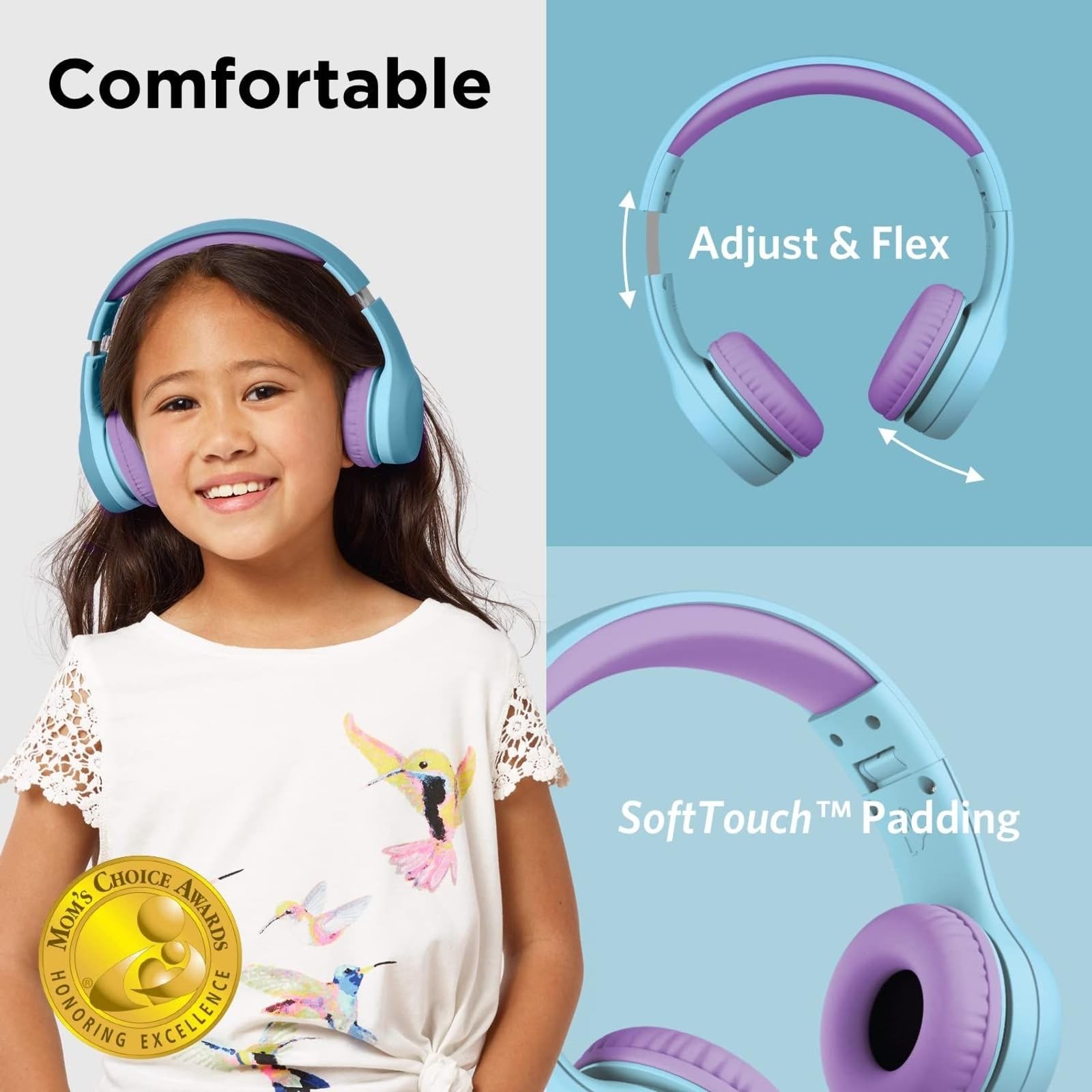 LilGadgets Connect+ Foldable Headphones, Adjustable Fit Ages 3-7, Blue/Purple