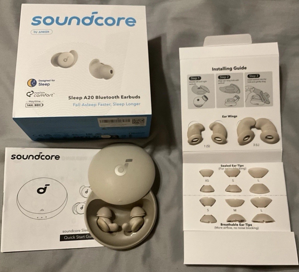 soundcore Sleep A20 Bluetooth Wireless Sleep Earbuds Beige w/ Charging Case Box
