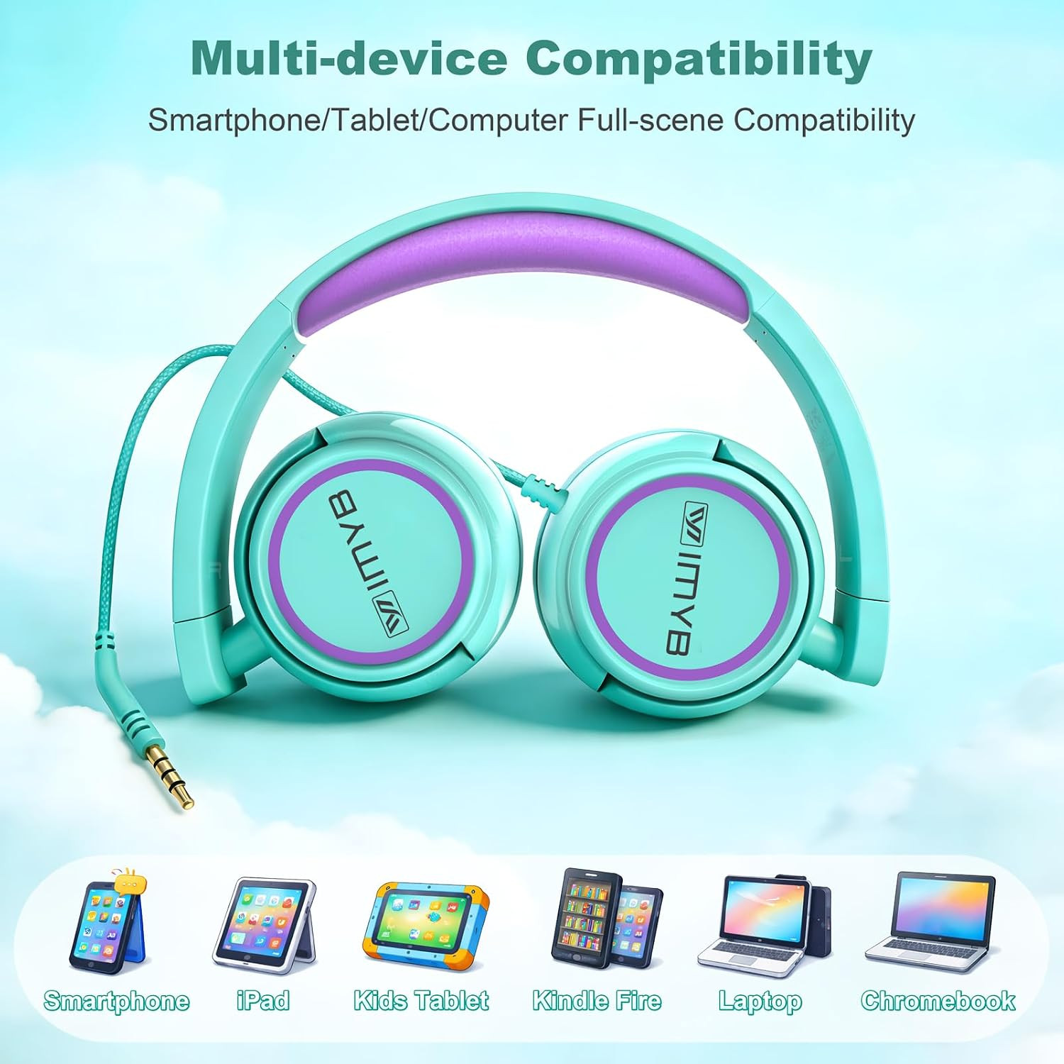 V1 Kids Headphones, 85Db Safe Volume for School, Toddler 2-12, Adjustable Foldab