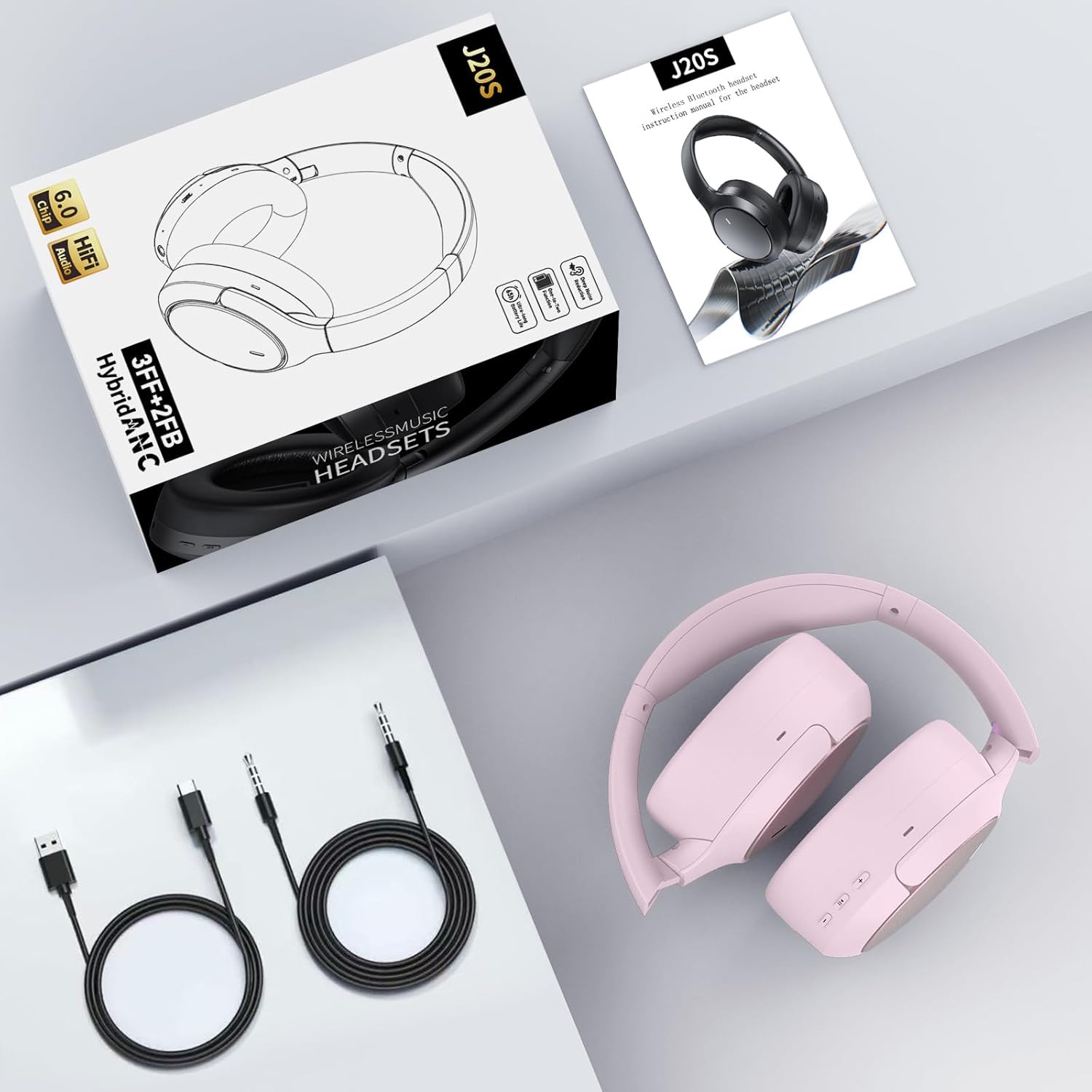 Pink Hybrid ANC Wireless Headphones – 100H Playtime, Hi-Res Audio, Travel-Friend