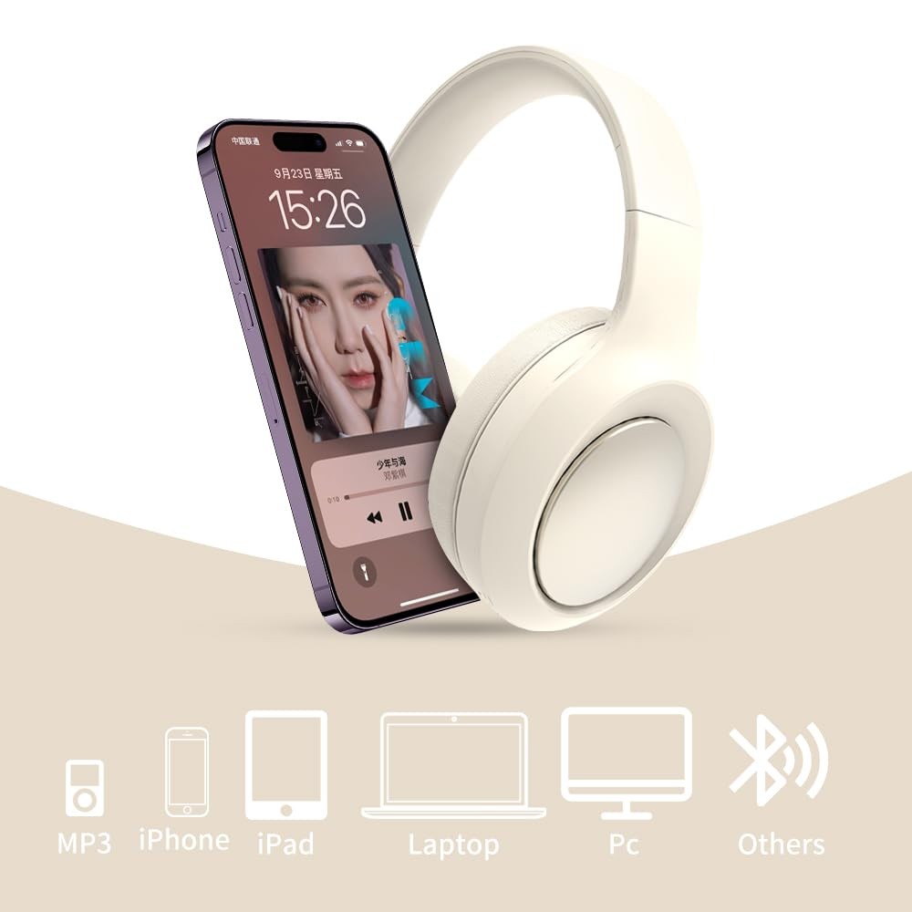 Beige Noise Cancelling Headphones Wireless,Bluetooth Headphones Over Ear, Wir…