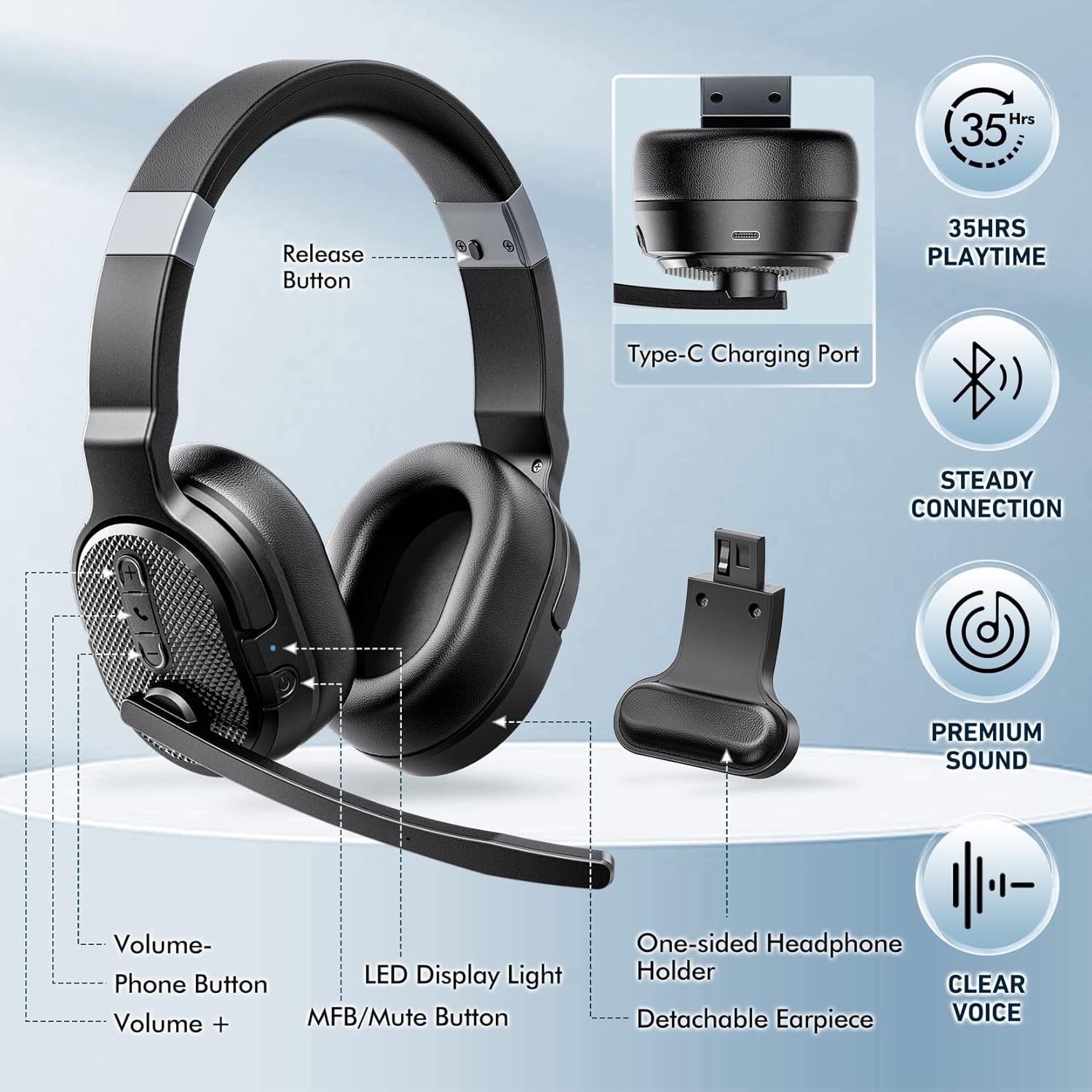 COSMUSIS Trucker Bluetooth Headset Wireless Headsets with Noise Cancelling Mic