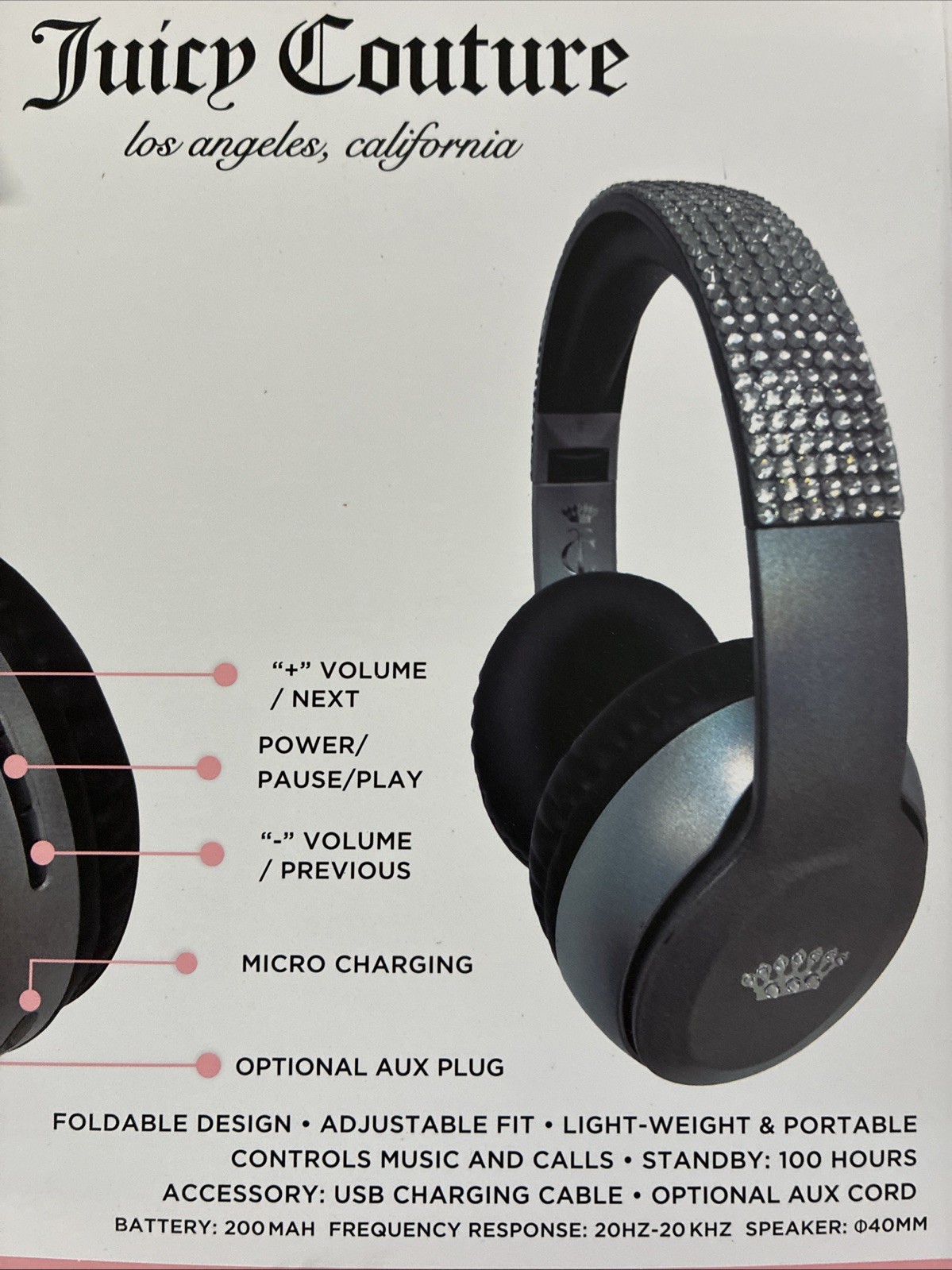 New Juicy Couture Bling Silver Grey Rhinestone Wireless Headphones