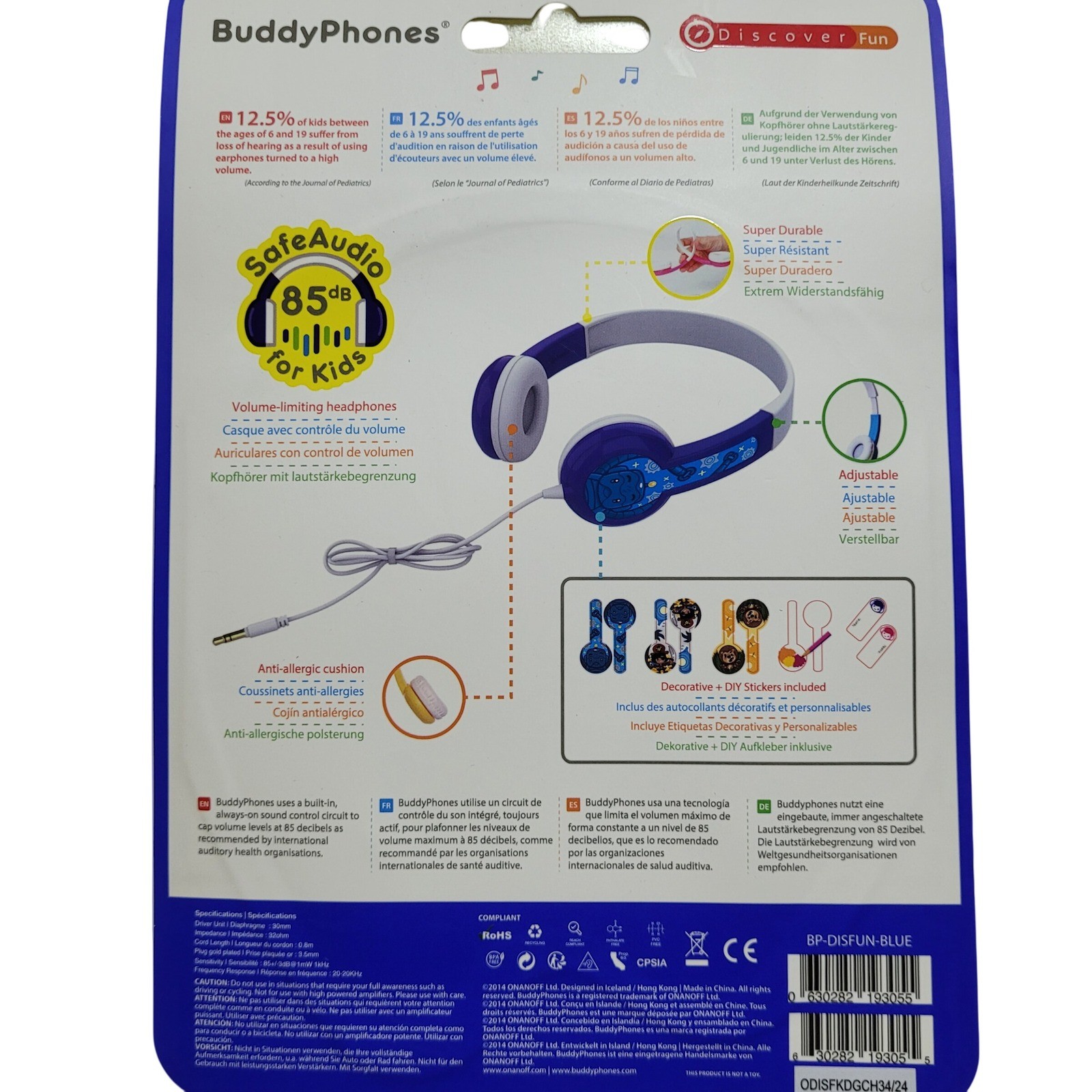 BuddyPhones Discover Fun Volume-Limiting Headphones for Kids Blue White