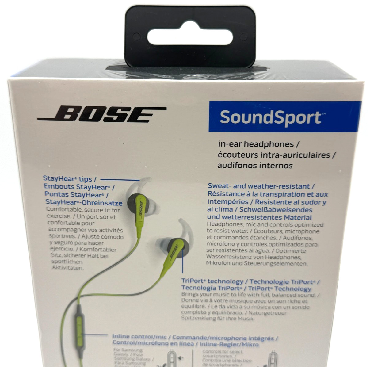 BOSE SoundSport in-ear headphones Wired Samsung Galaxy Controls Green / Grey NEW