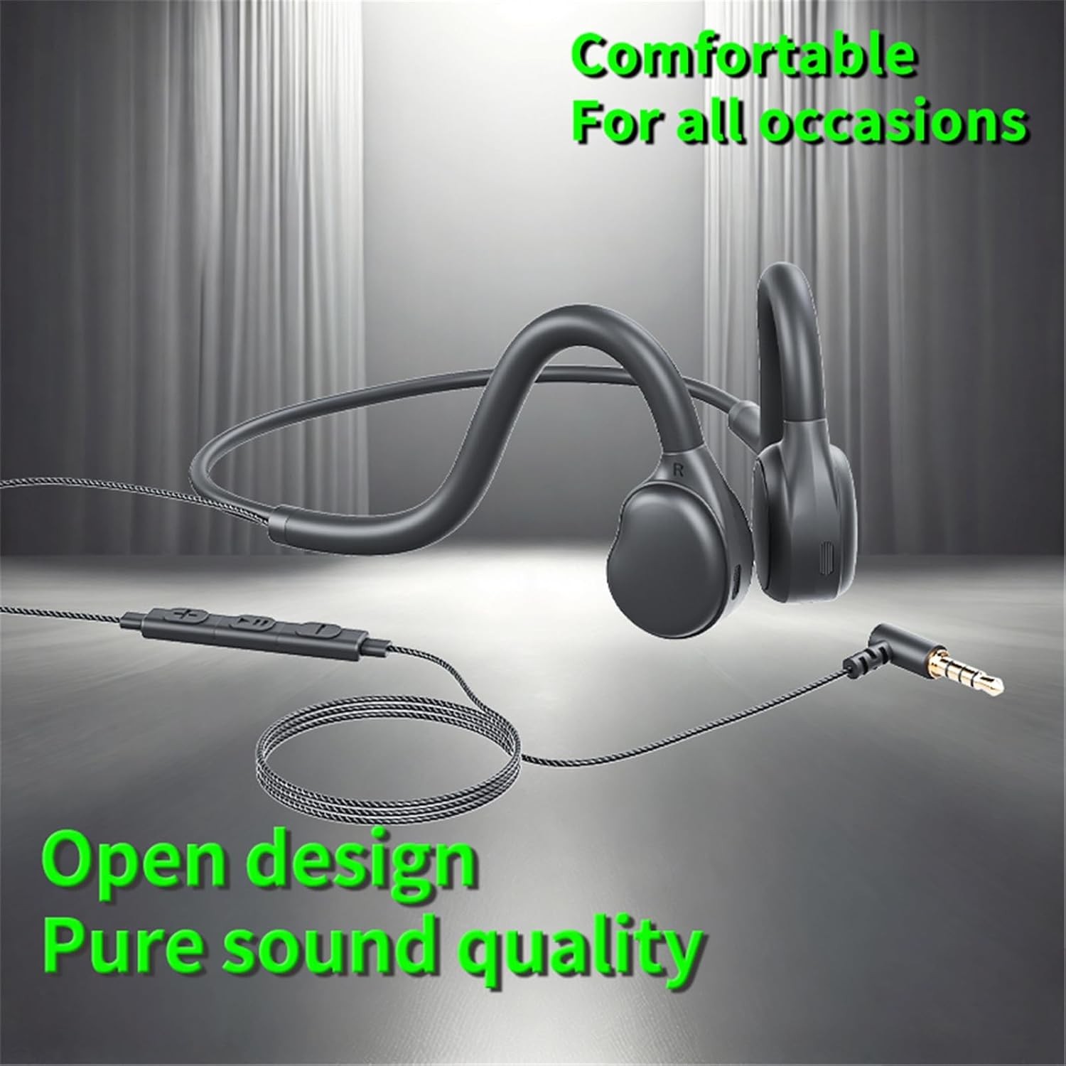 Air Conduction Open Ear Headphones,3.5MM Wired Headphones and Built-in Black