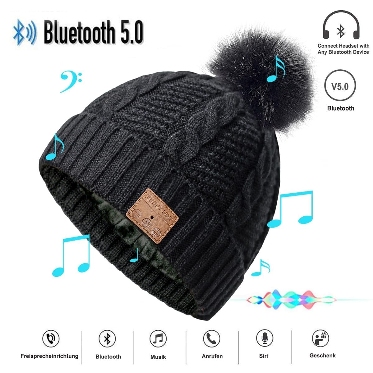 Bluetooth Beanie Hat Women Sport Wireless Music Stereo Headphones Mic Pompon