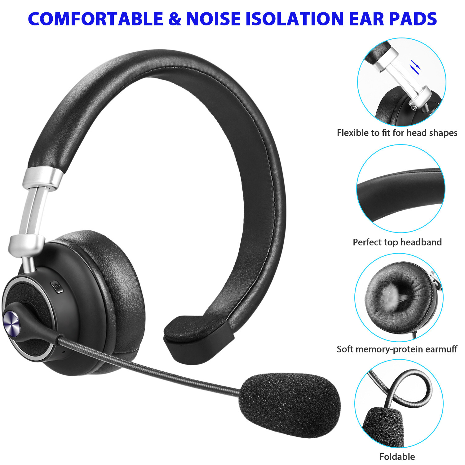 Bluetooth Headset with Microphone Mute Button Headphones for Office Home Trucker