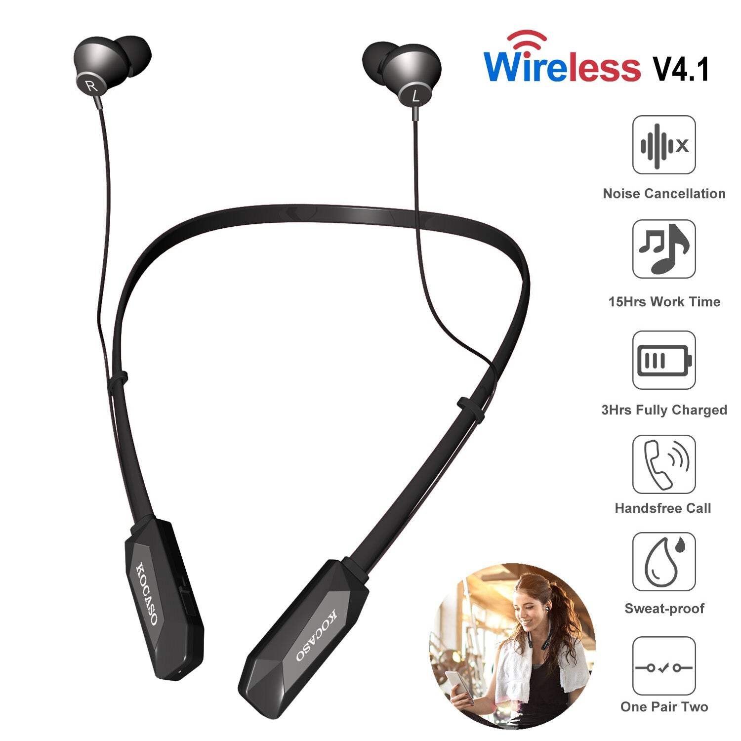 Wireless Neckband Headphones V4.2 Sweat-proof Sport Headsets Earbuds In-Ear Magn