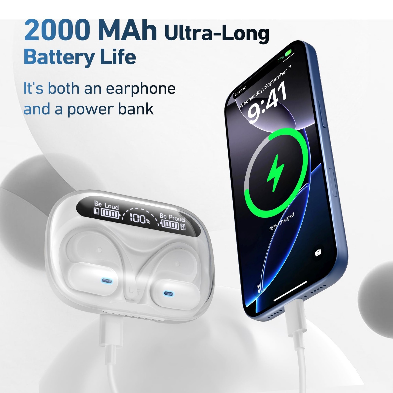 Open Ear AI Translation Earbuds Bluetooth 6.0 LED Display 60H Playtime
