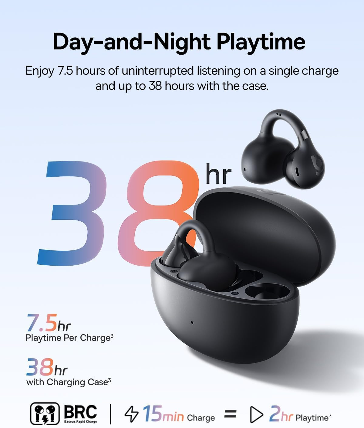 Bass BC1 Open Ear Earbuds Clip-On Headphones, Open-Ring Comfort with Tri-Curve S