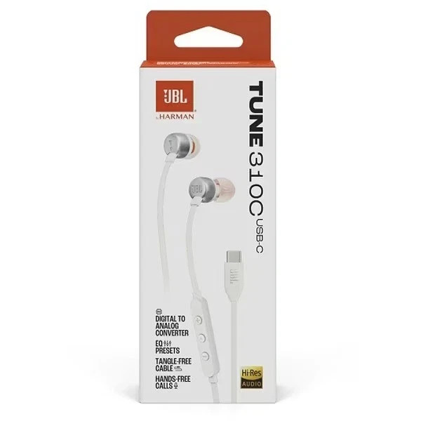 JBL Tune 310C USB-C Wired In-Ear Headphones – White – Hi-Res Audio Pure Bass Mic