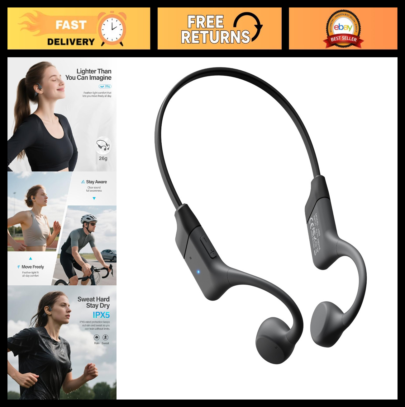 Lightweight Bone Conduction Headphones, Open Ear Bluetooth 5.4, IPX5 Sweatproof,