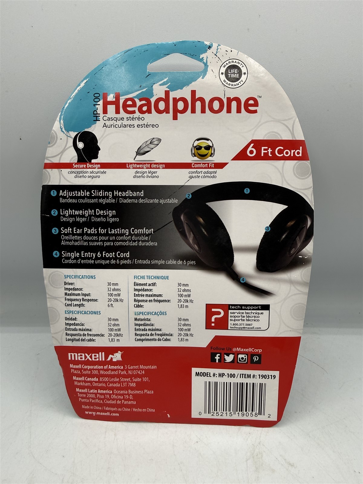 NEW MAXELL HP-100 HEADPHONES BLACK ADJUSTABLE HEADBAND 6′ FOOT CORD