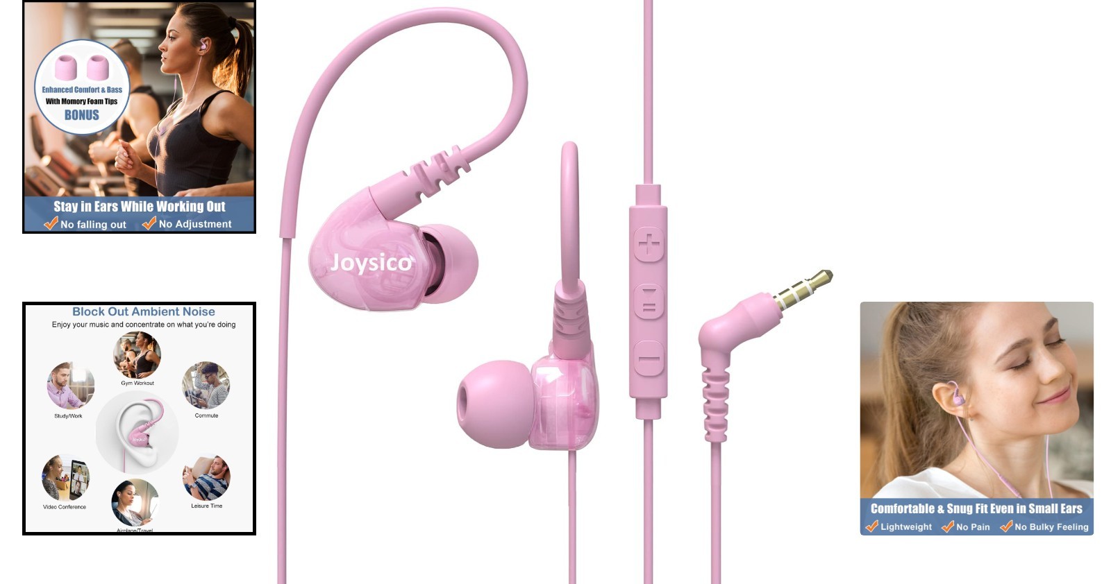 Comfortable Wired Sport Headphones for Kids & Women – Noise Isolating Pink Ea…