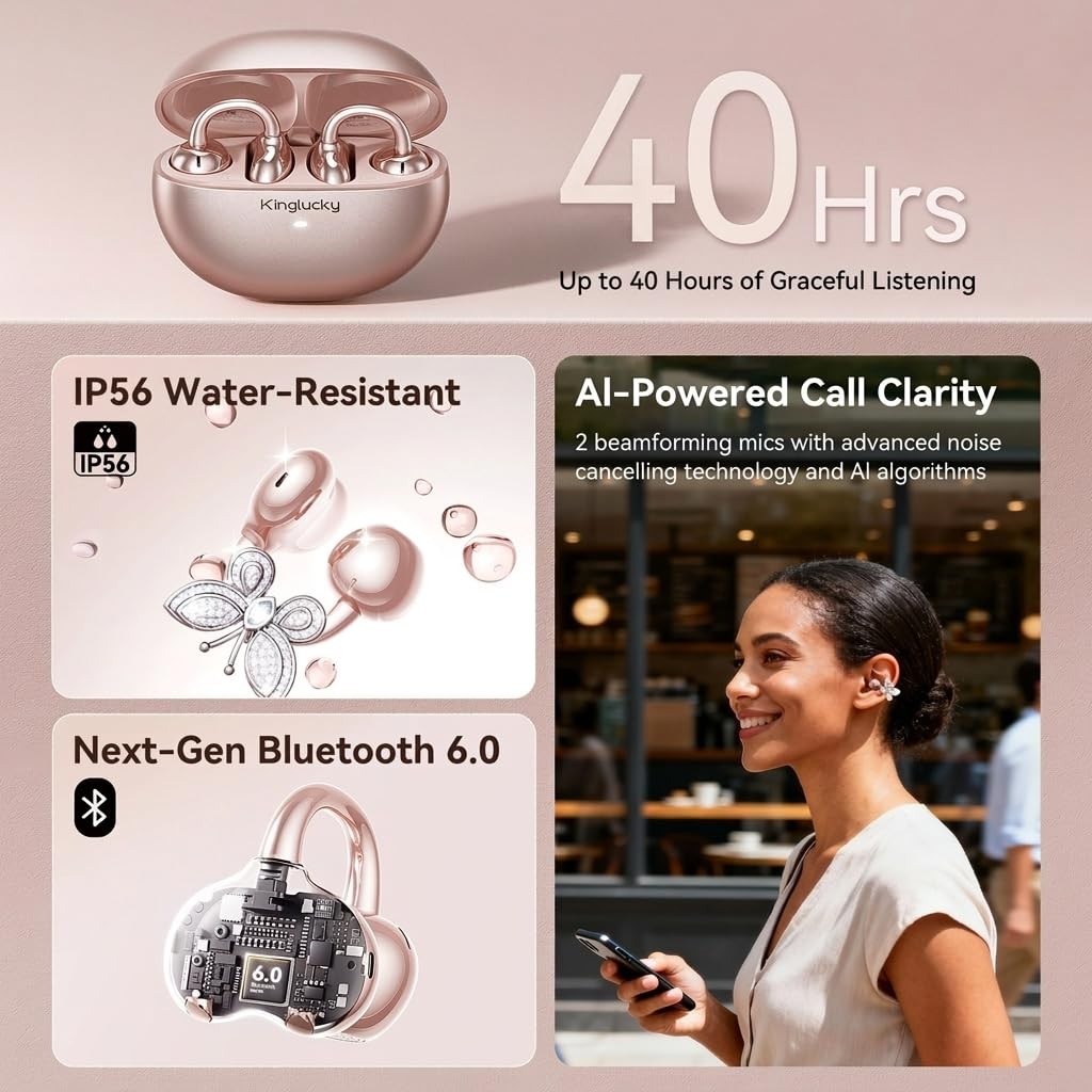 Clip-On Open Ear Earbuds with Detachable Butterfly Earrings, Bluetooth 6.0 Wi…