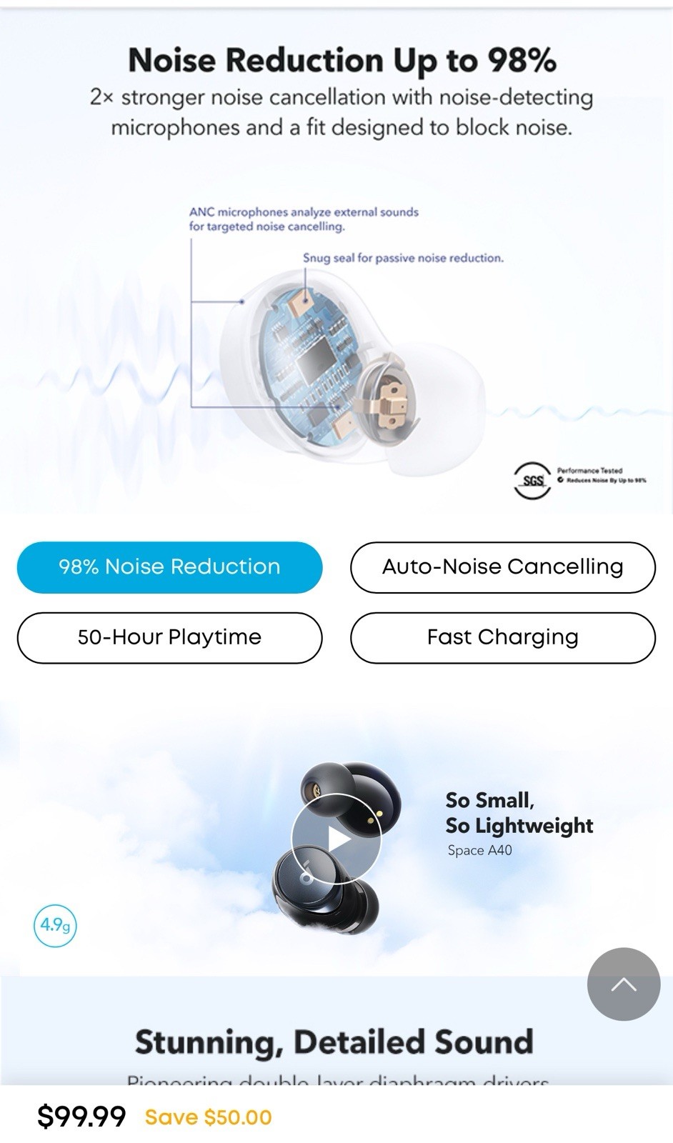 Soundcore by Anker Space A40 Adaptive Active Noise Cancelling Wireless Earbud