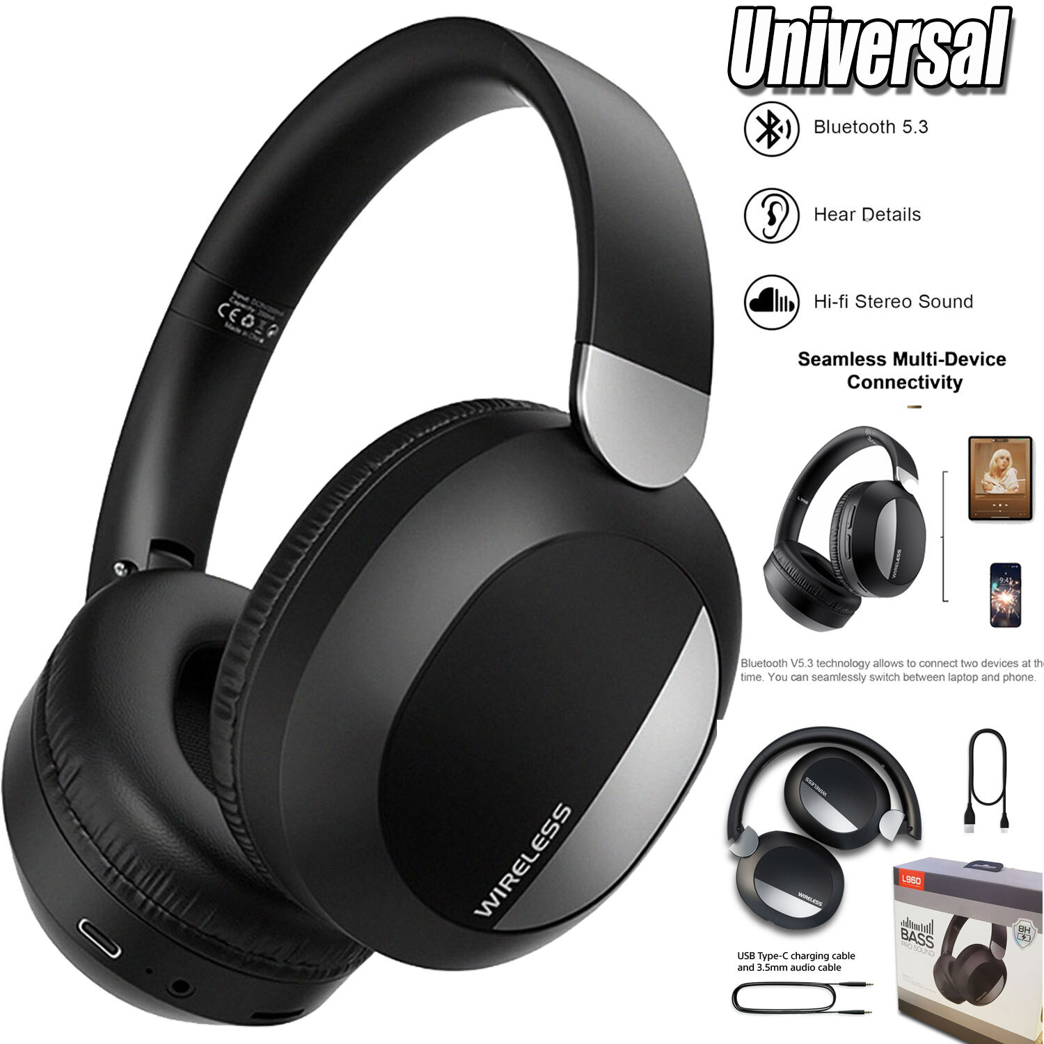 Wireless Headphones Bluetooth Noise Cancelling Stereo Earphones Over Ear Headset