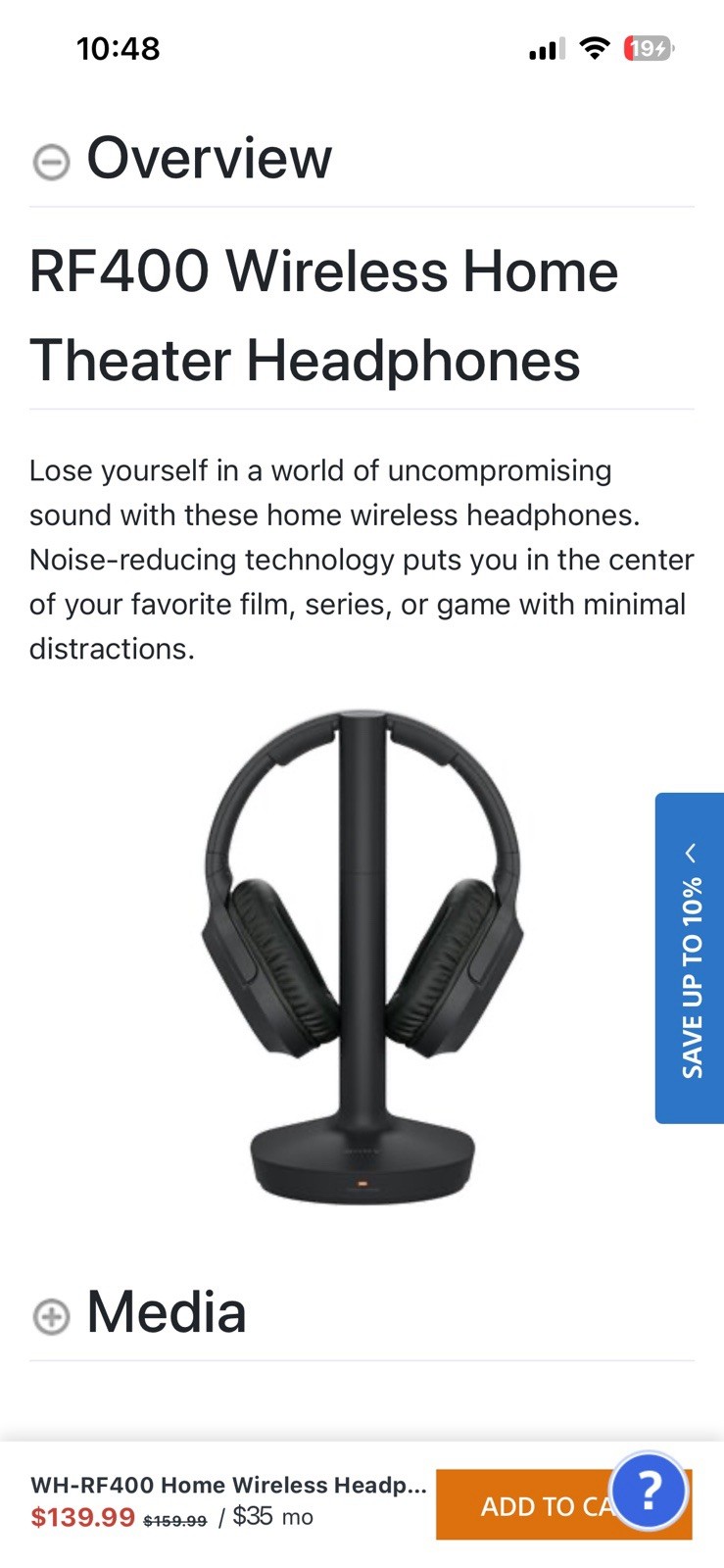 Sony WH-RF400 RF Wireless Home Theater Headphones Open Box Never Used