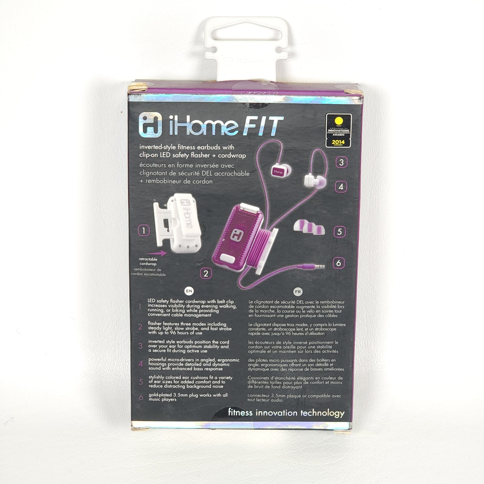 iHome Fit iB12WU Purple White Fitness Earbuds with Charger & Safety Flasher