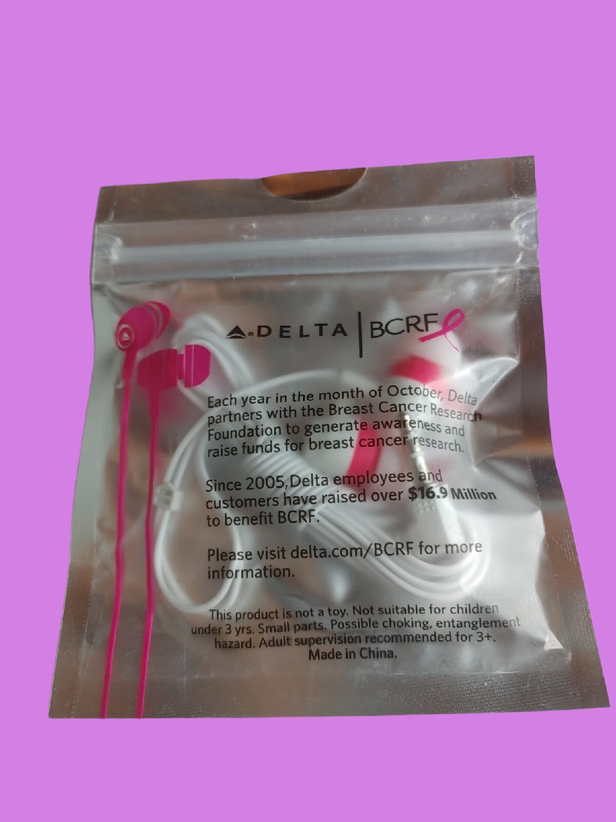 Delta Studio Airlines Pink Breast Cancer Research Foundation Ear Buds Headphones