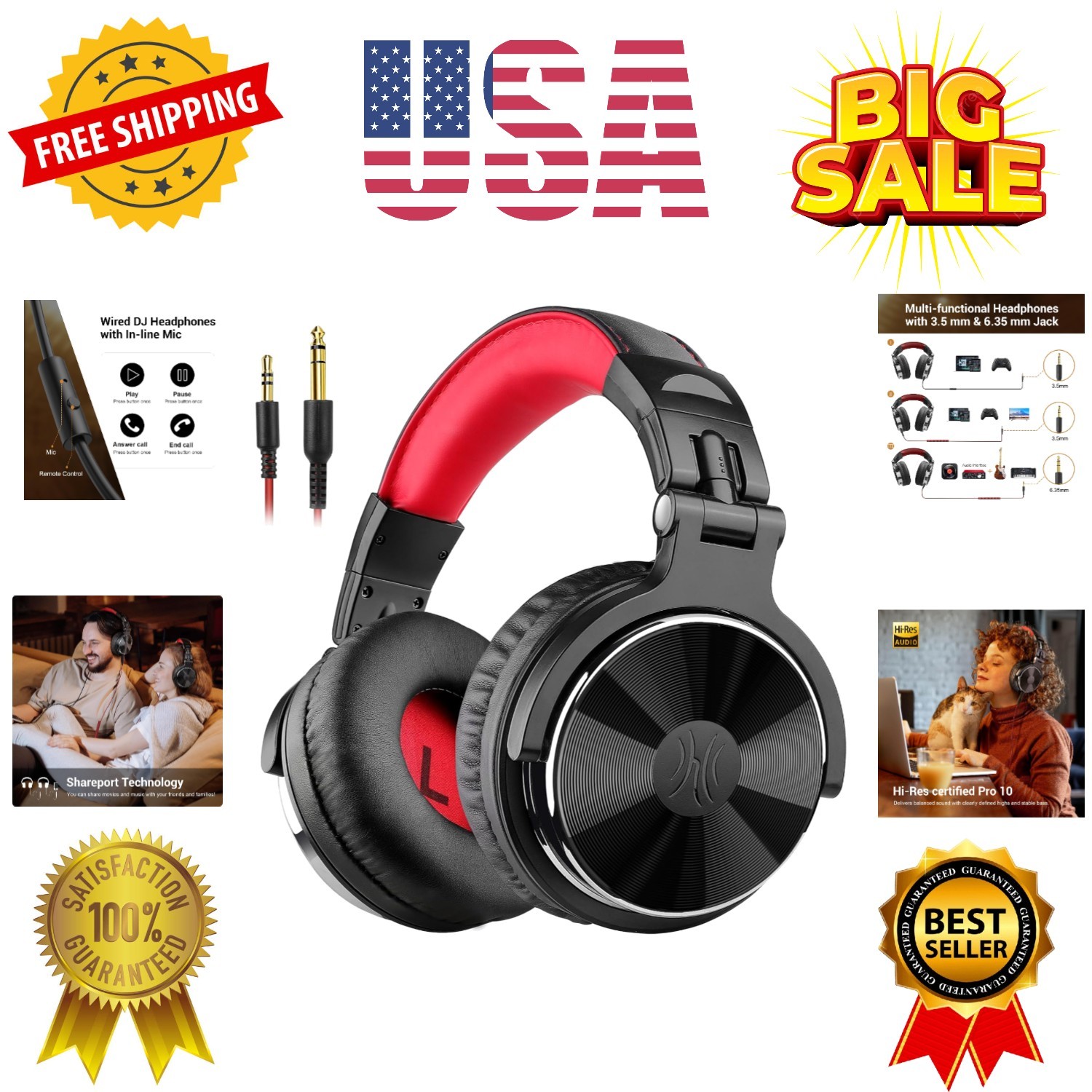 Wired Over Ear Headphones Studio Monitor & Mixing DJ Stereo Headsets with 50m…