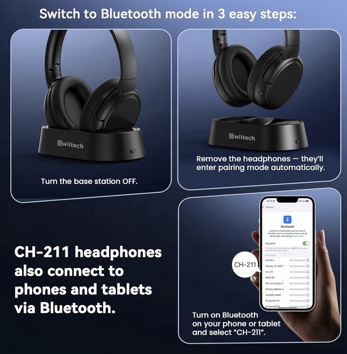 Swiitech Wireless TV Headphones Charging Dock Bluetooth 5.3 No Delay Open Box