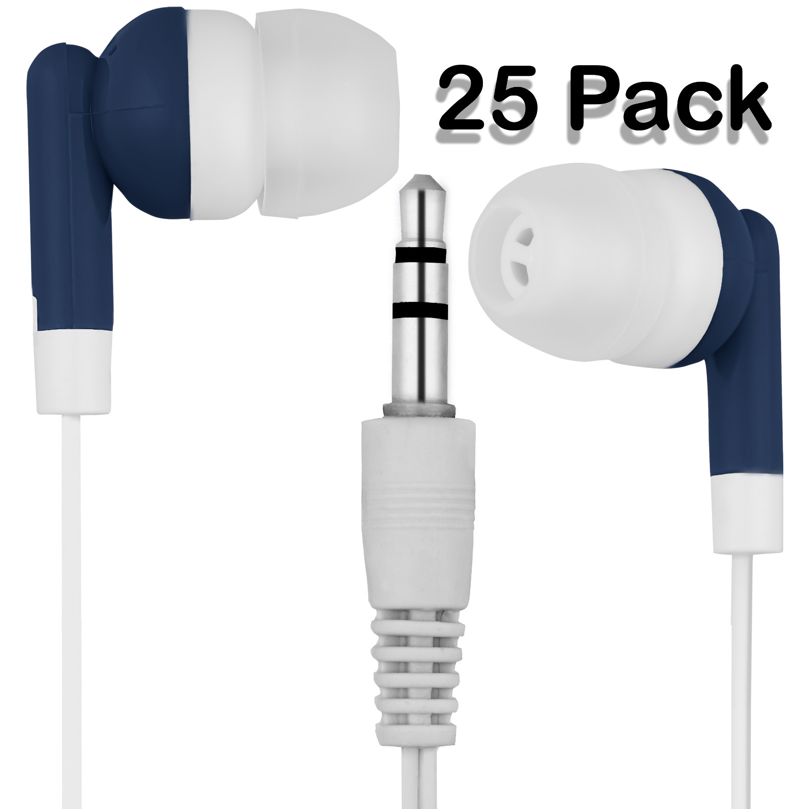 25 Bulk Lot Pack Dark Blue 3.5mm Headphones / Earbuds – Individually Bagged