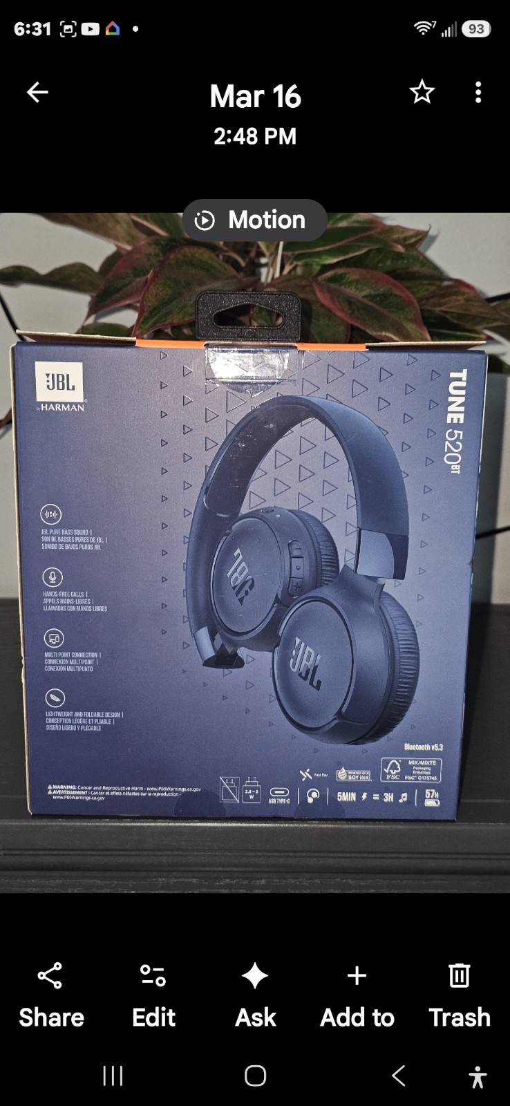 JBL Tune 520BT Pure Bass Wireless Bluetooth Headphones Blue