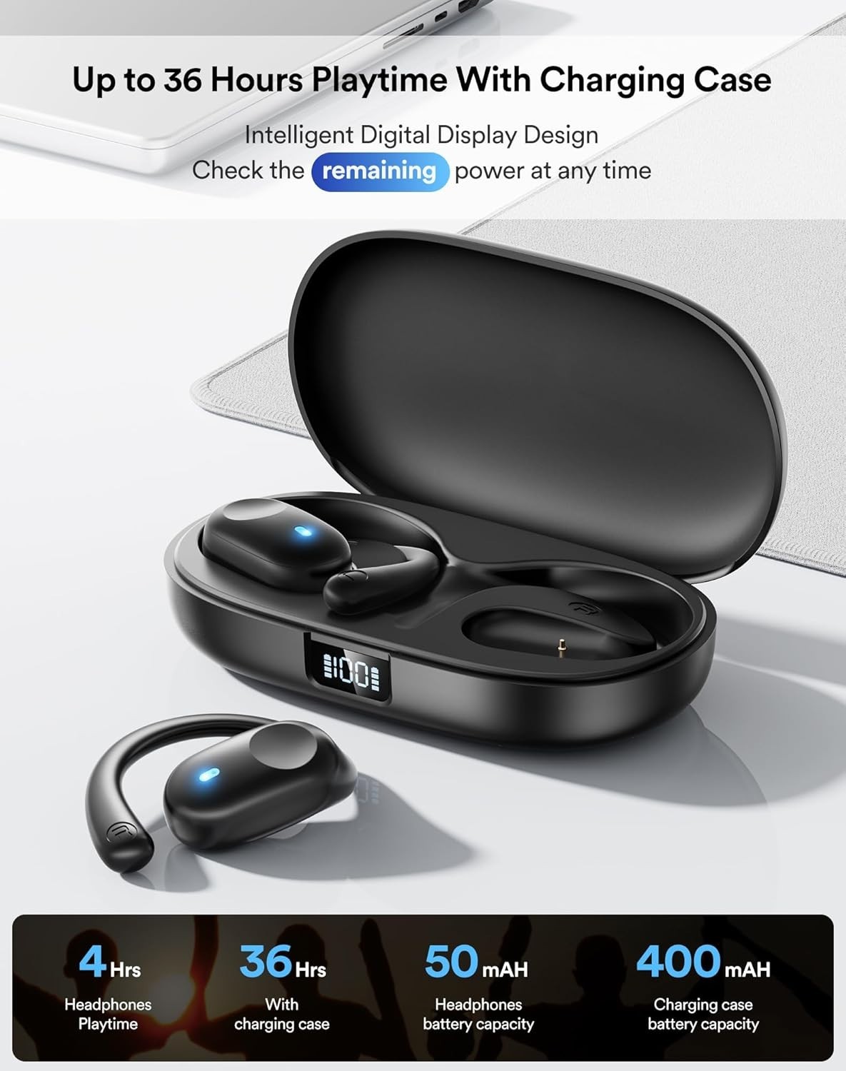 Open Ear Headphones, Bluetooth Earbuds with LED Digital Display, IP54 Waterproof