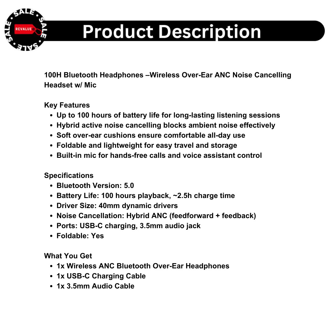 100H Bluetooth Headphones –Wireless Over-Ear ANC Noise Cancelling Headset w/ Mic