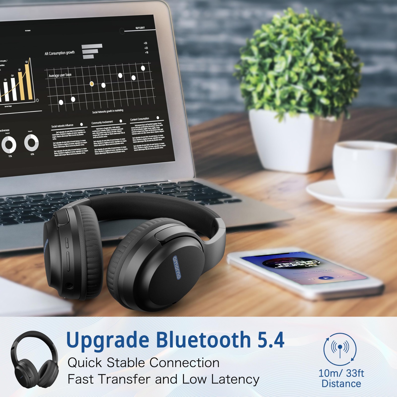 AMORNO Bluetooth Headphones Over Ear, 68 Hours Playtime Standard, Black
