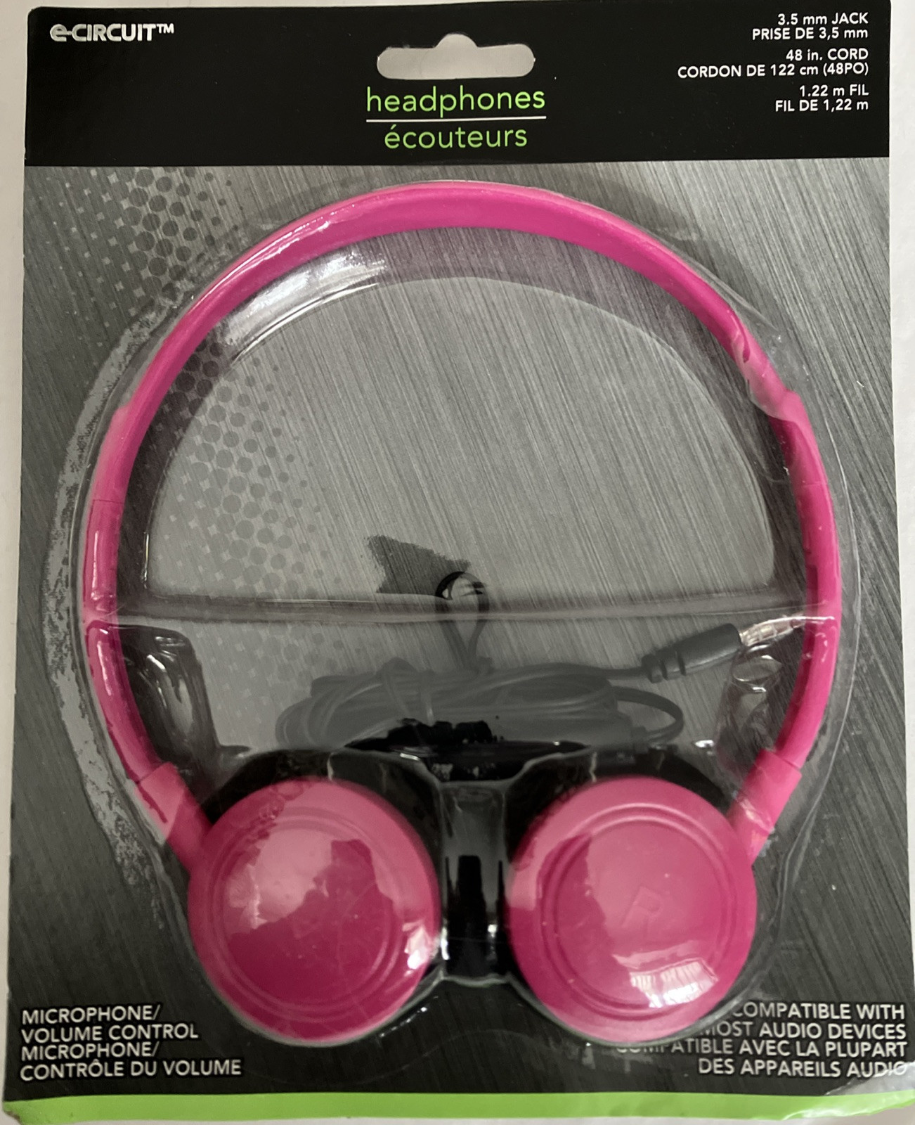 E-circuit Stereo Headphones 3.5 mm Jack 48 In. Cord Pink Phone Music Player