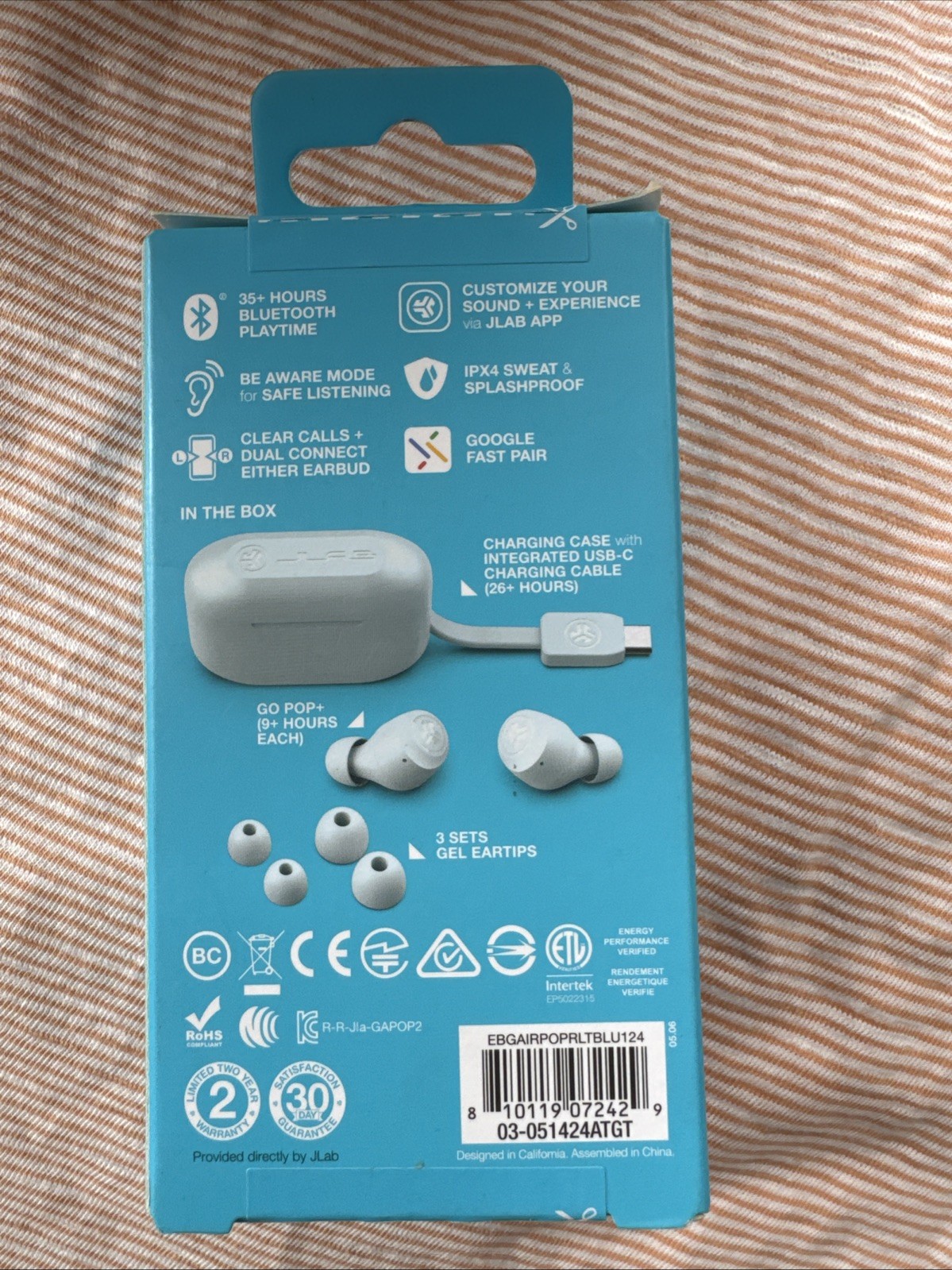 JLab Go Air POP+ True Wireless Bluetooth Earbuds LIGHT BLUE 35+ Hours SEALED