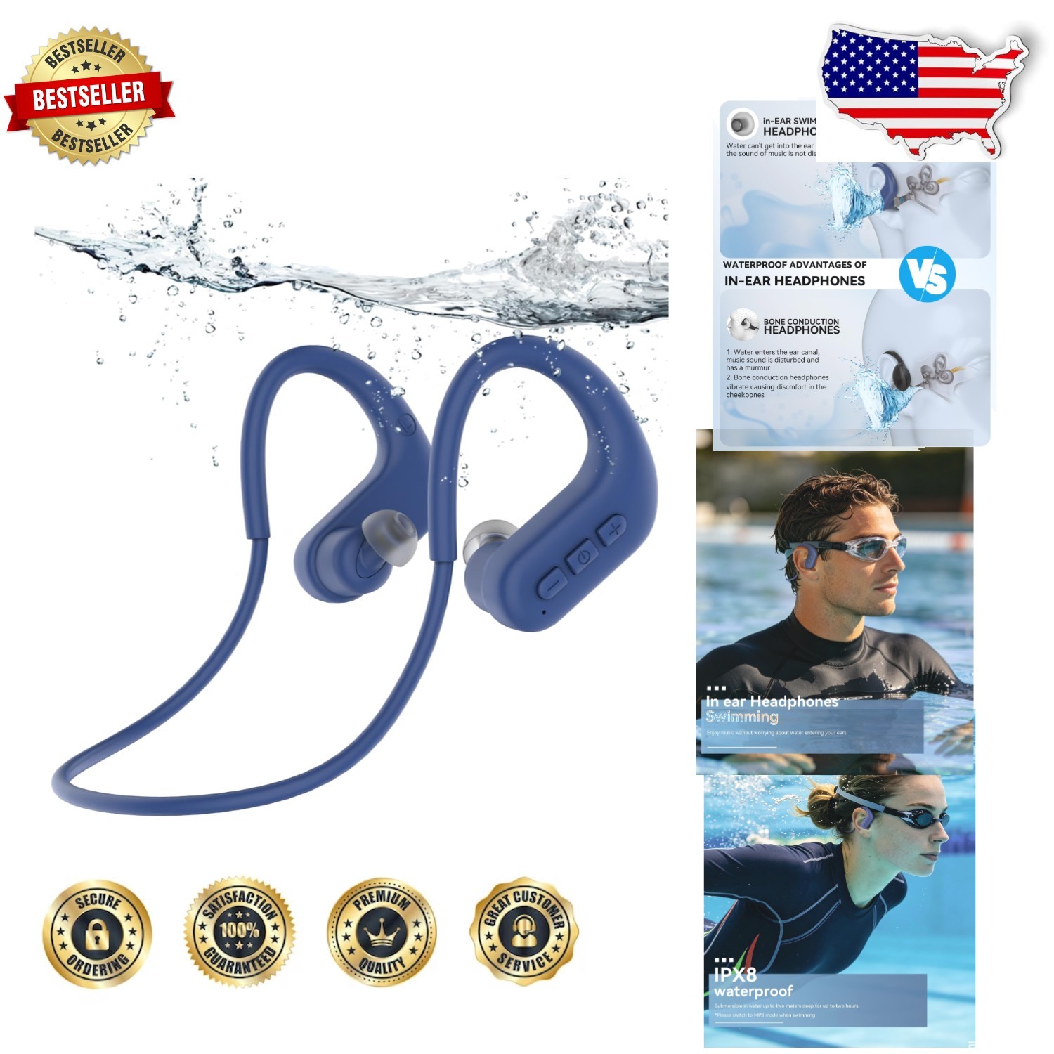 Waterproof Swim Headphones Bluetooth 5.4 MP3 8GB Earbuds Long Battery