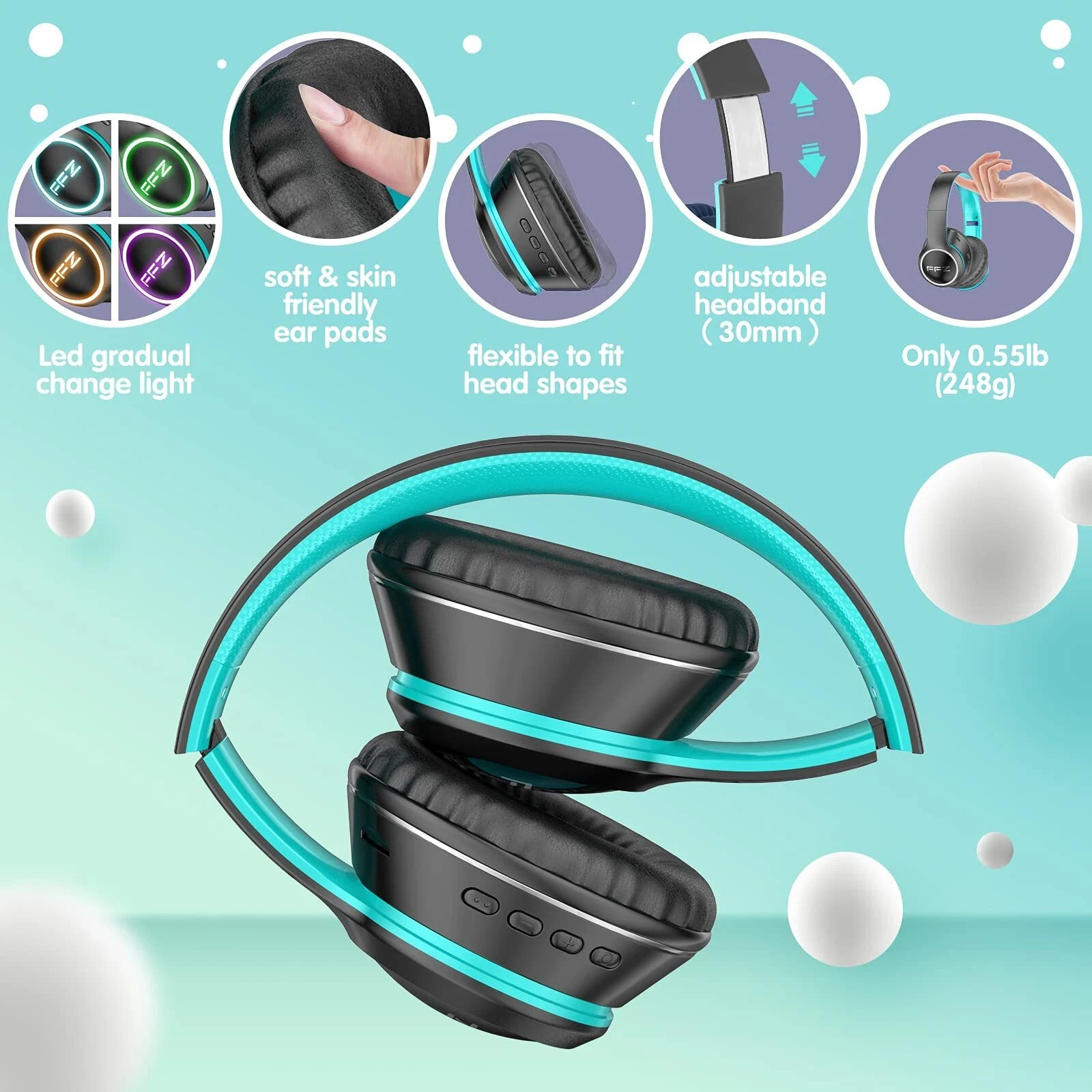 FFZ Kids Wireless Headphones K21 Colorful LED Lights Blue Tooth-V5.0 Headphon…