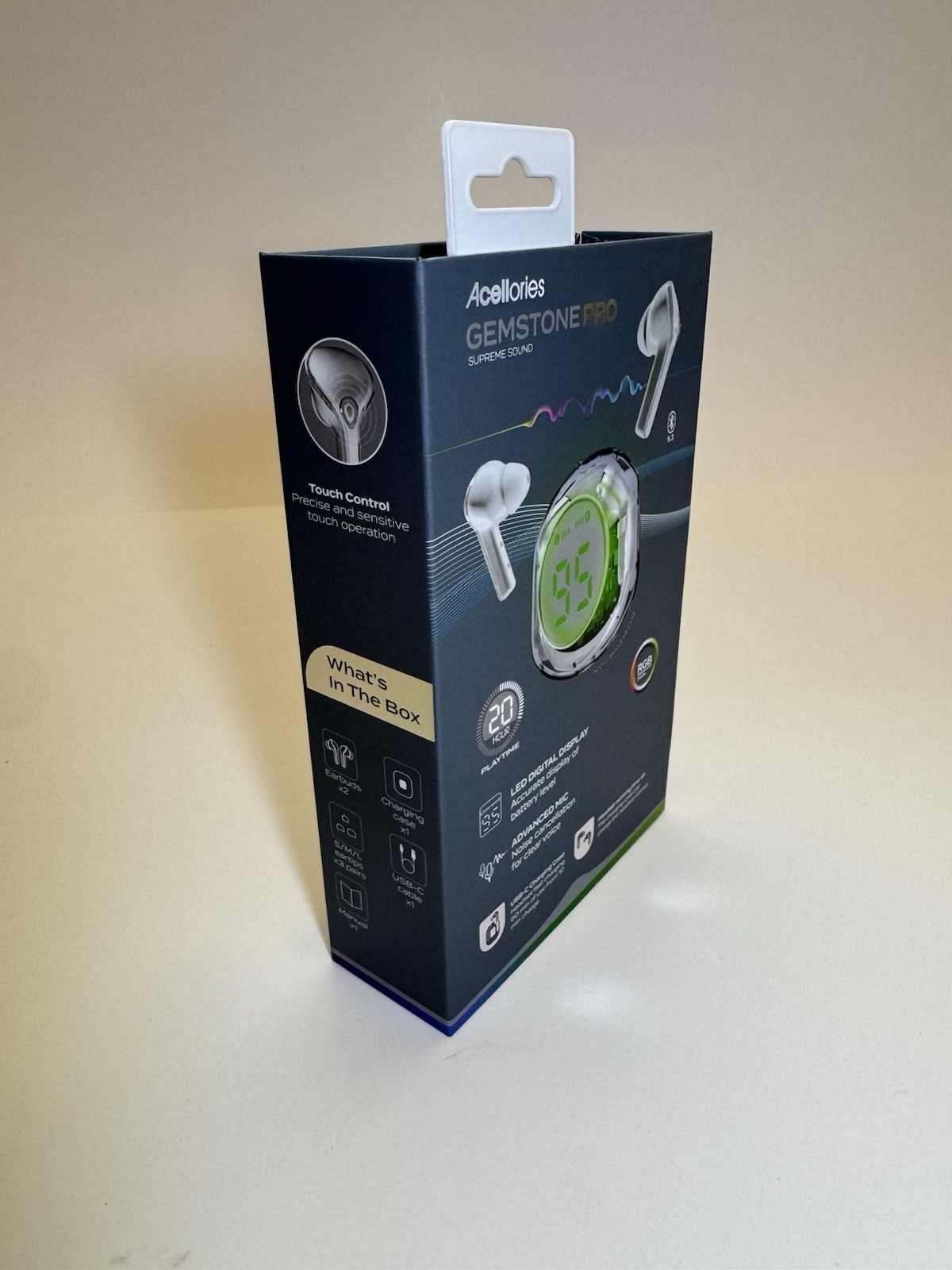 Acelloiries GemstonePro LED Digital Display Earbuds 20 Hours of Playtime White