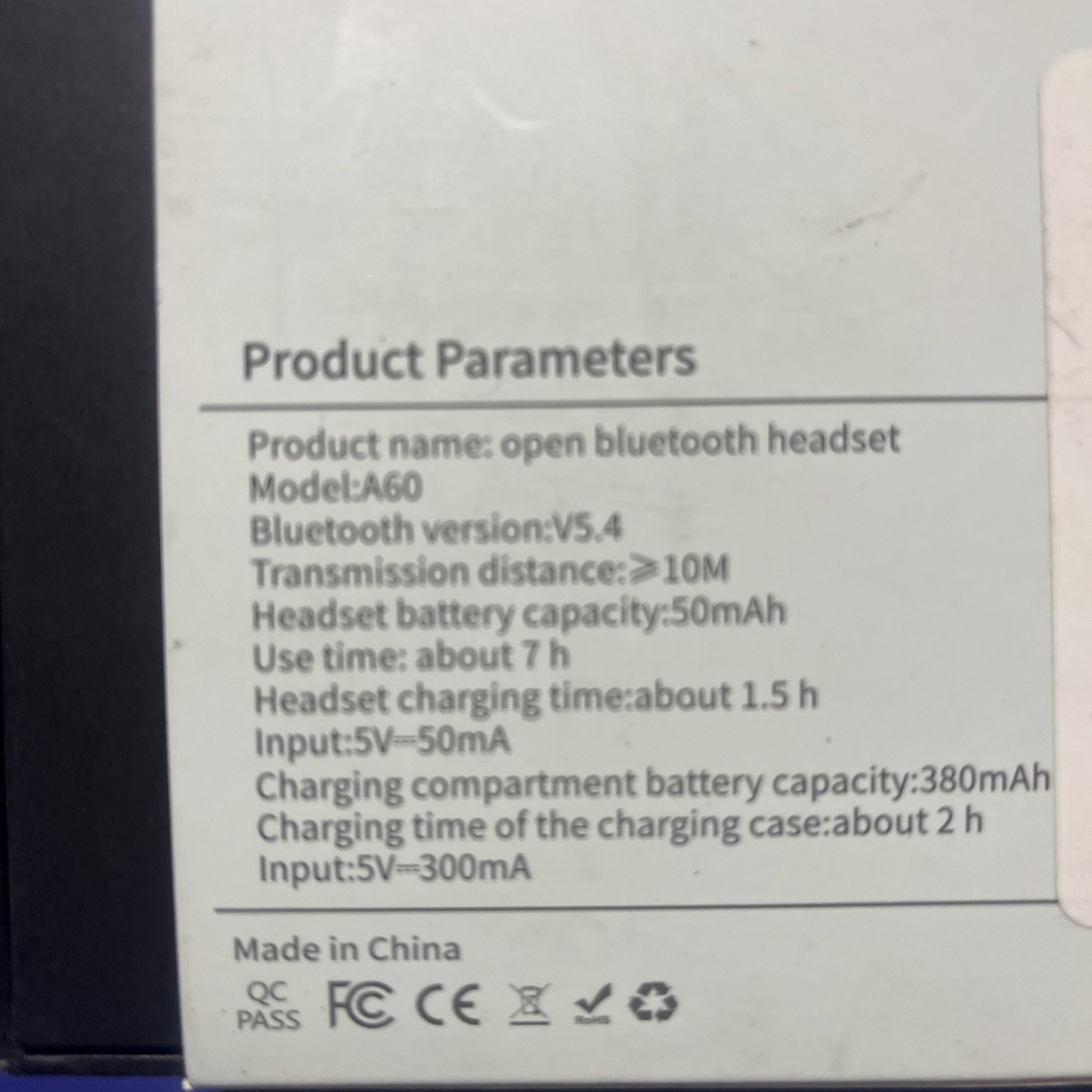 A60 Open Ear Headset, Bluetooth True Wireless Conduction.50 mAH 7hrs. Excellent