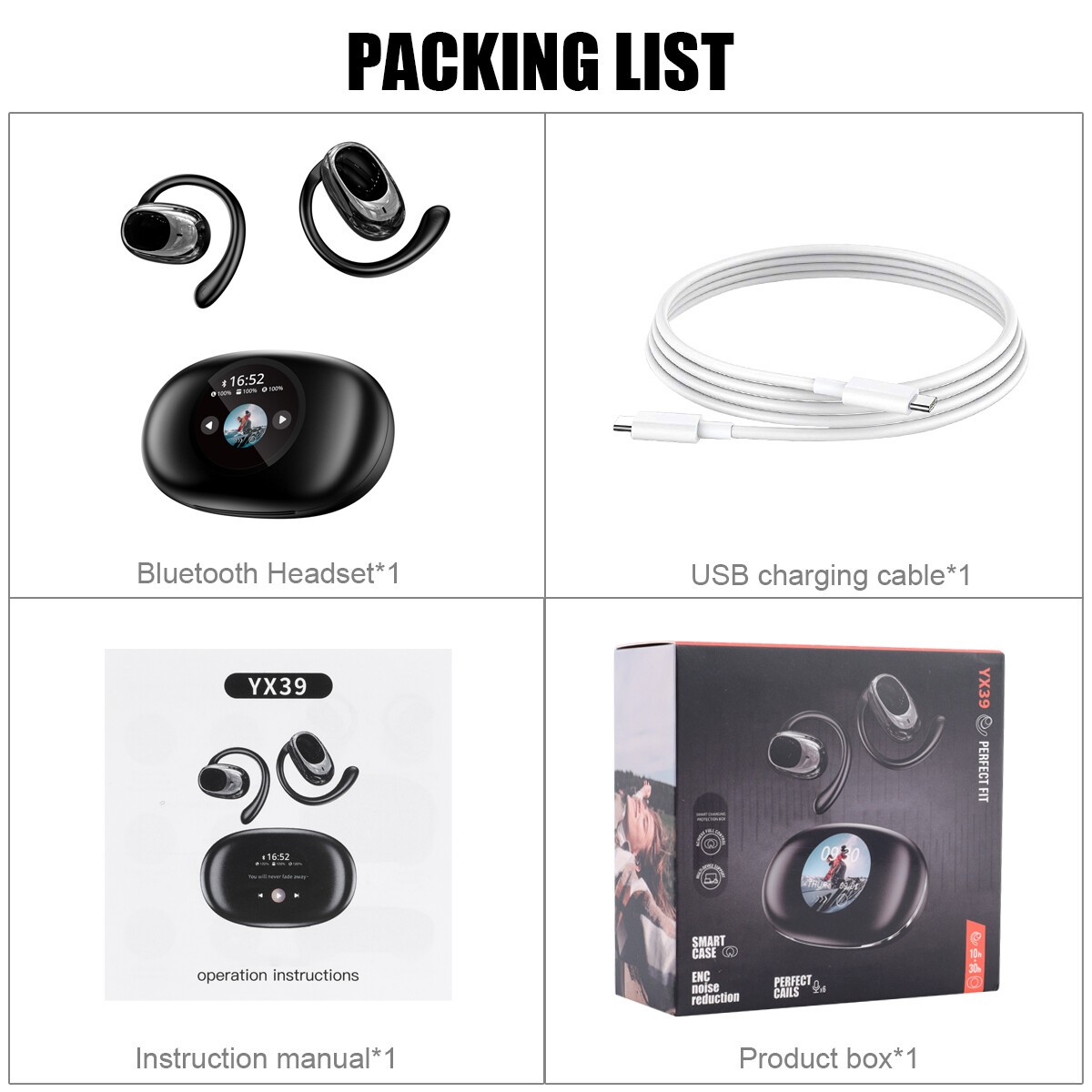 LCD HD screen Over The Ear Earbuds Bluetooth Wireless Multi language switching #