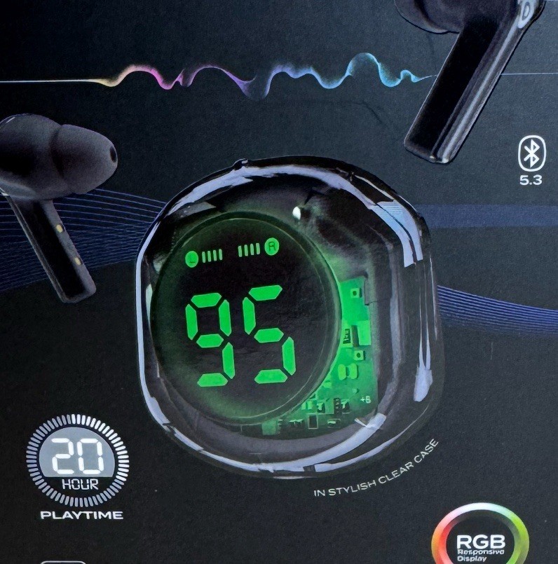 Acelloiries GemstonePro LED Digital Display Earbuds 20 Hours of Playtime Black