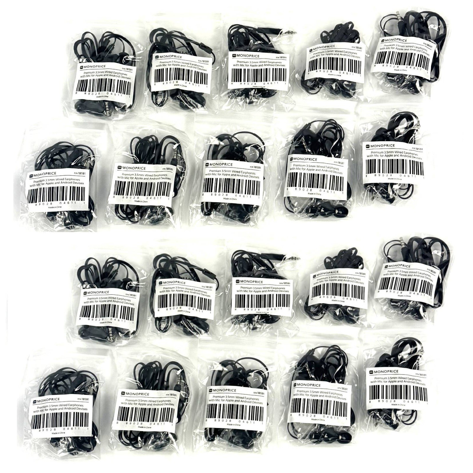 Lot of 20 Monoprice Premium 3.5mm Wired Earbuds Headphones with Microphone 18591