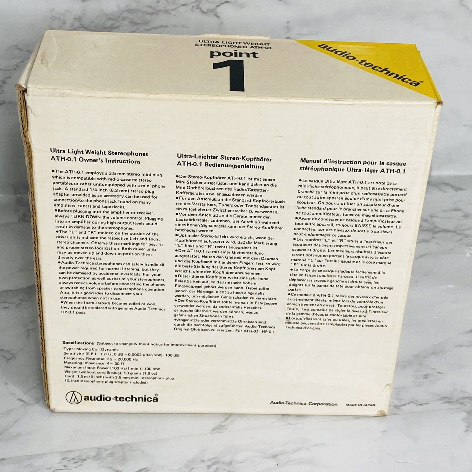 Audio-Technica ATH-0.1 Light Weight Stereophones Point 1 With Box Vtg Japan